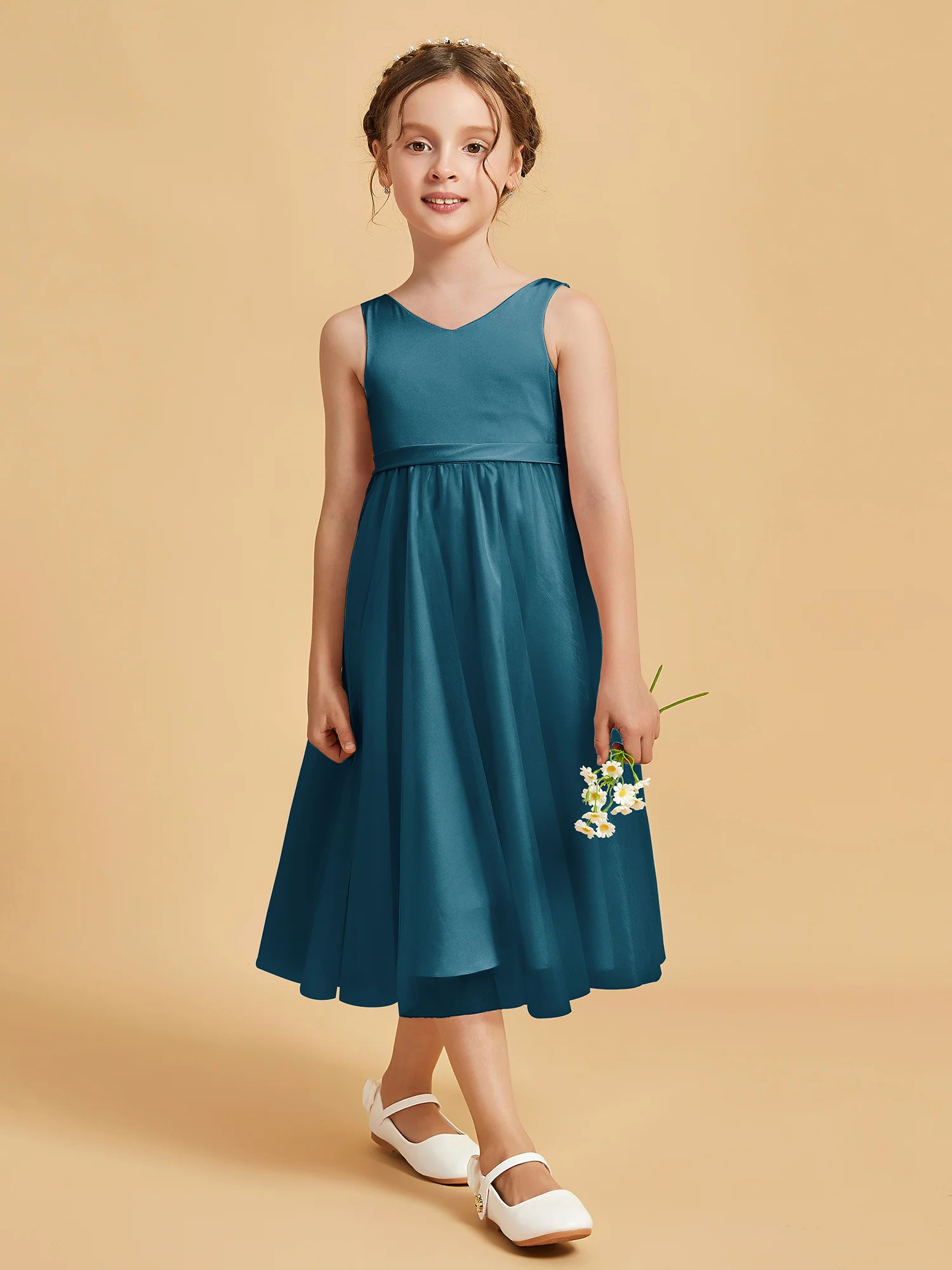 Sleeveless V-Neck Girl's Dress Ink Blue