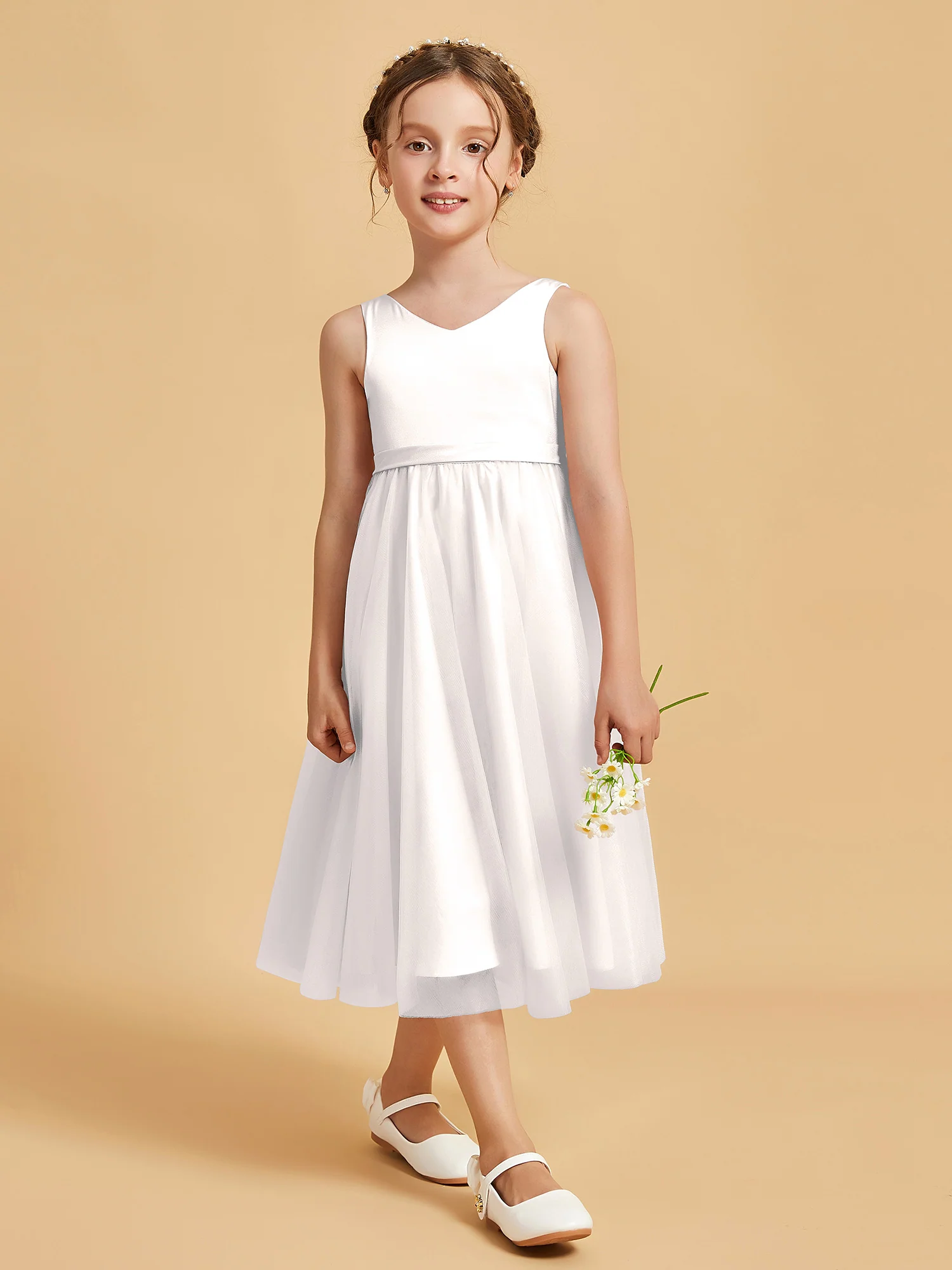 Sleeveless V-Neck Girl's Dress Ivory
