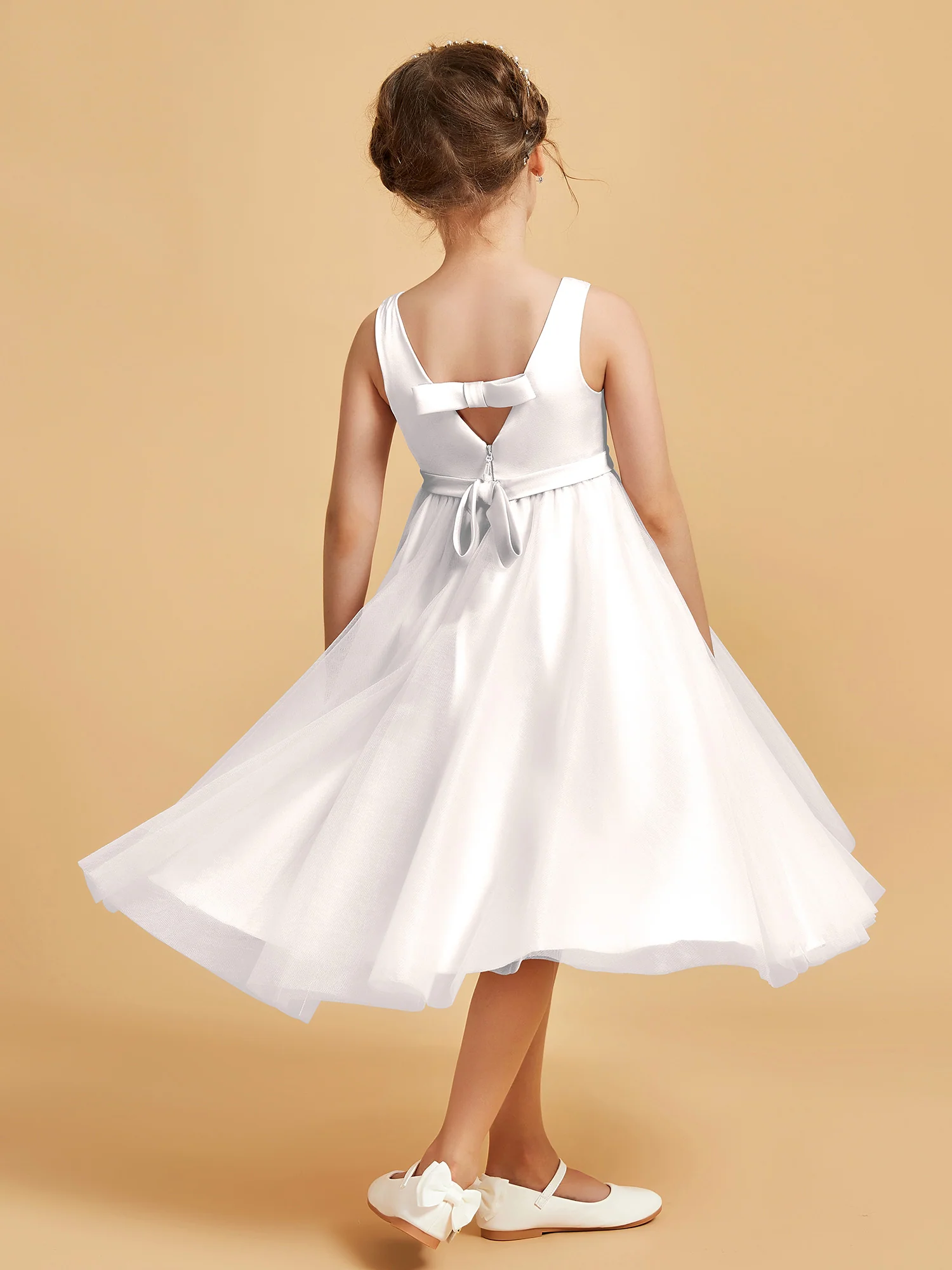 Sleeveless V-Neck Girl's Dress Ivory - Image 2