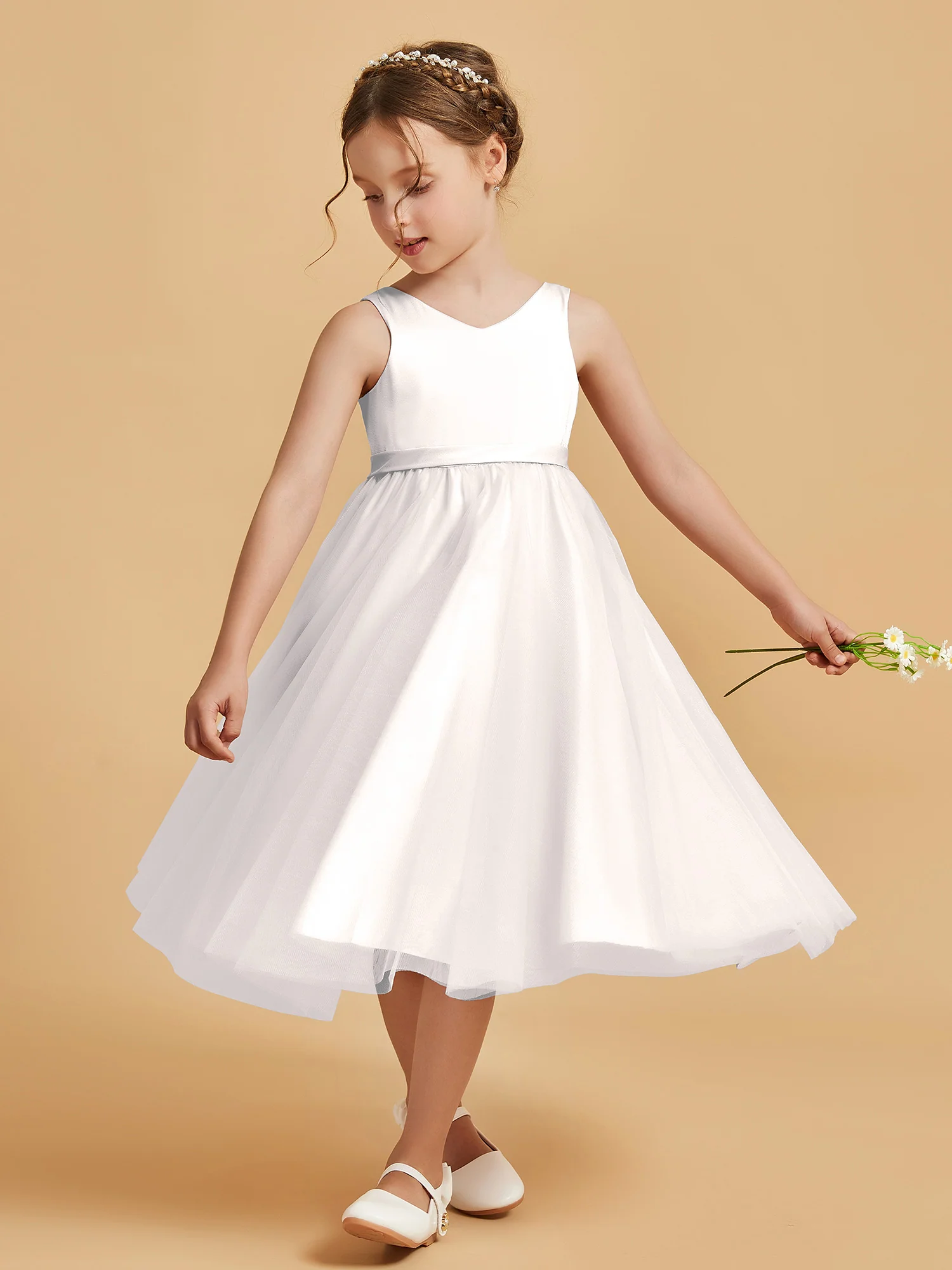 Sleeveless V-Neck Girl's Dress Ivory - Image 3