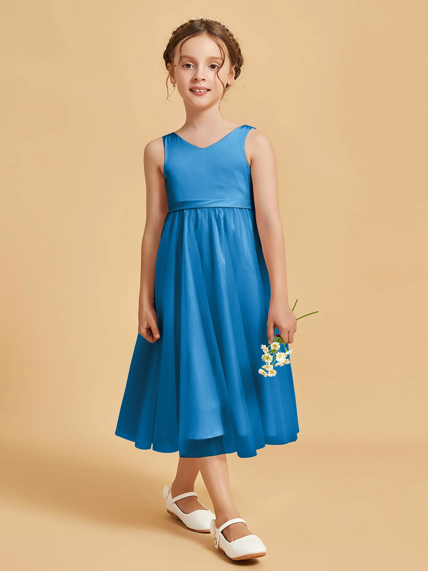 Sleeveless V-Neck Girl's Dress Ocean Blue