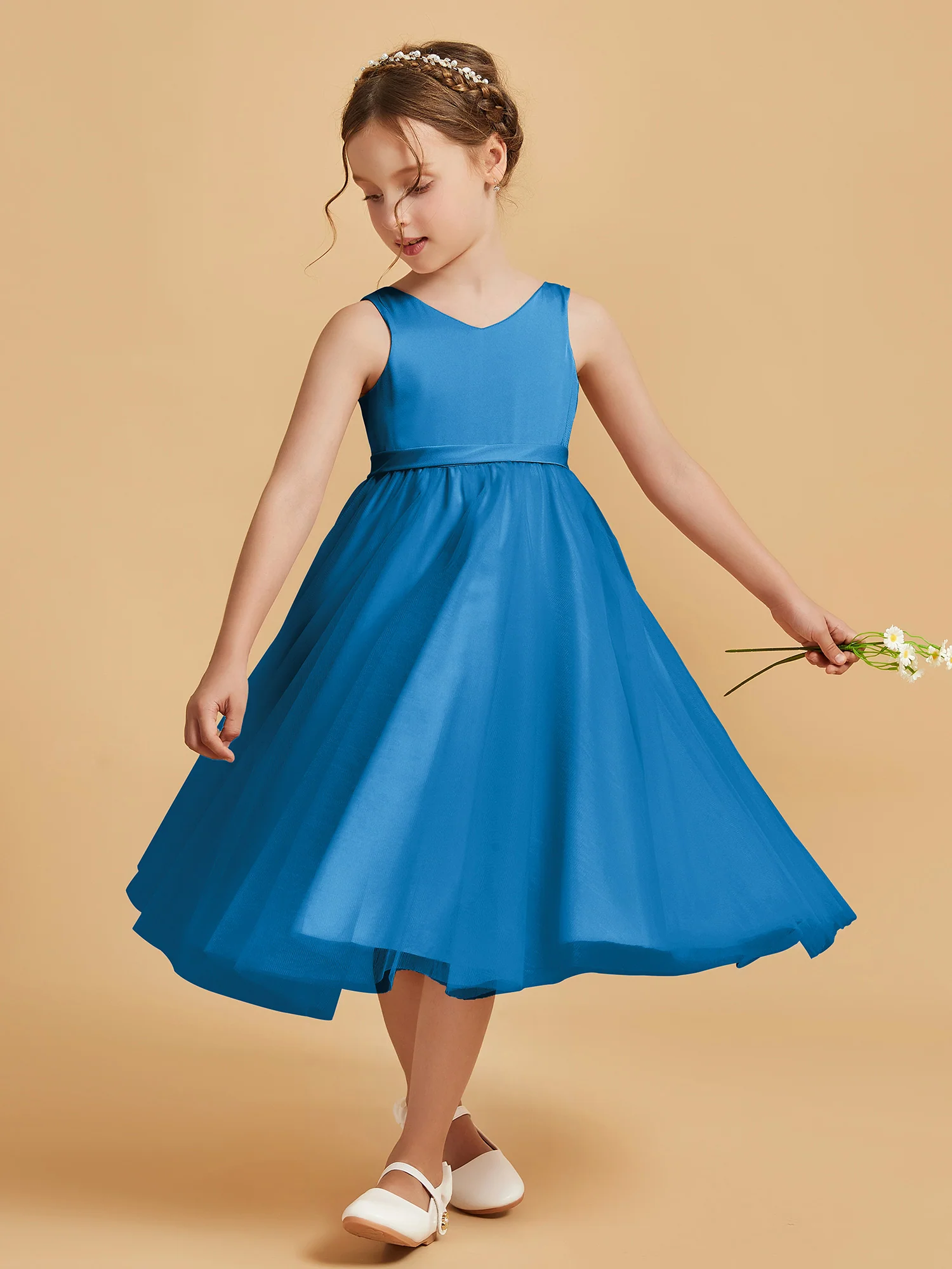 Sleeveless V-Neck Girl's Dress Ocean Blue - Image 3