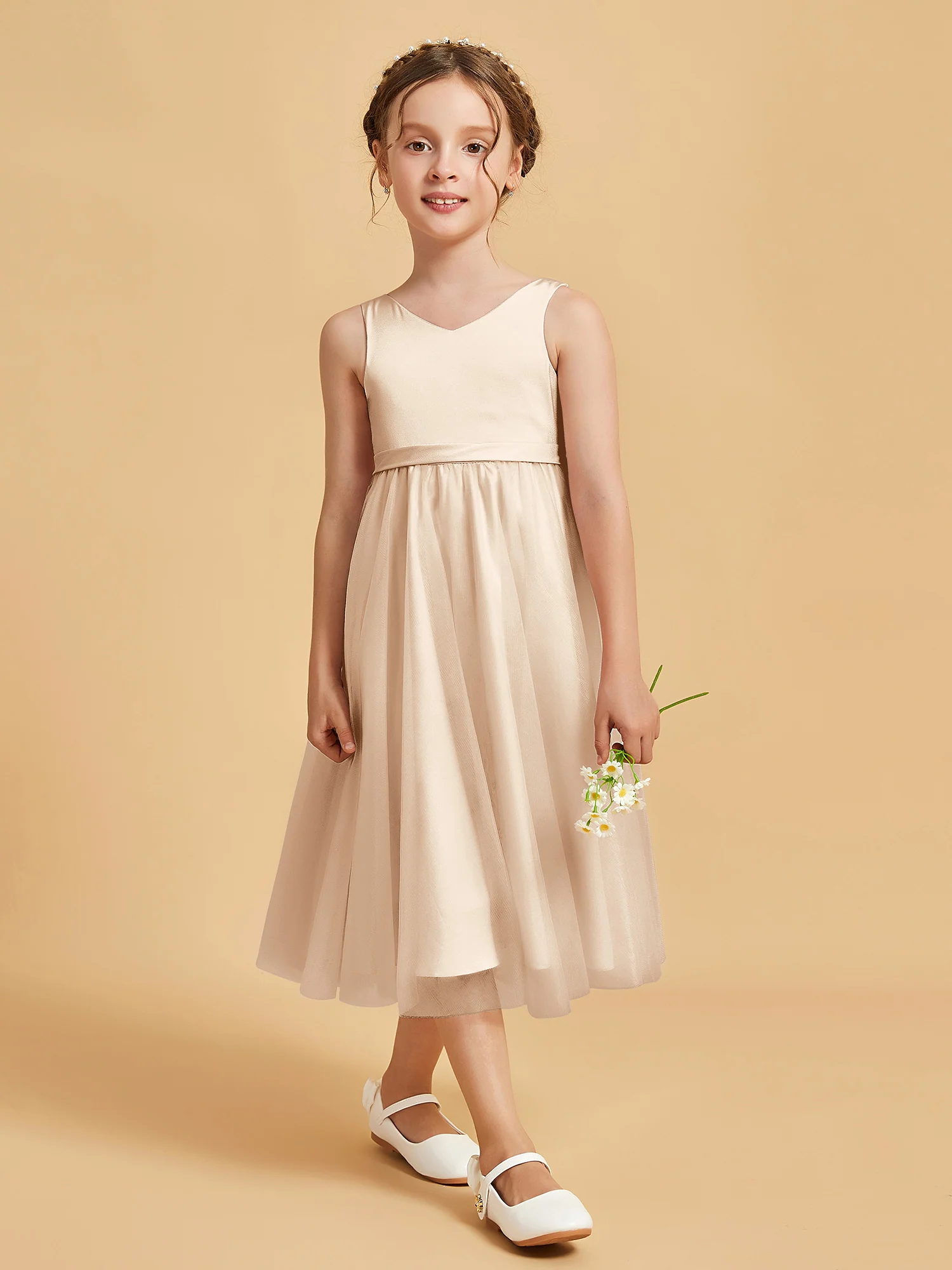 Sleeveless V-Neck Girl's Dress Peach