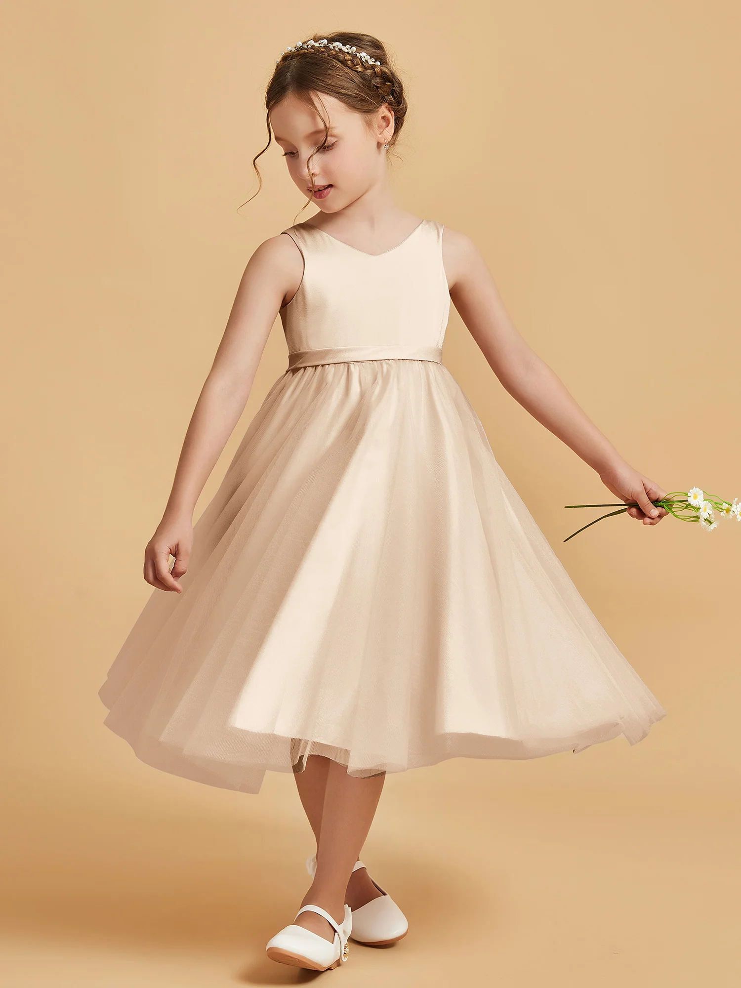 Sleeveless V-Neck Girl's Dress Peach - Image 3