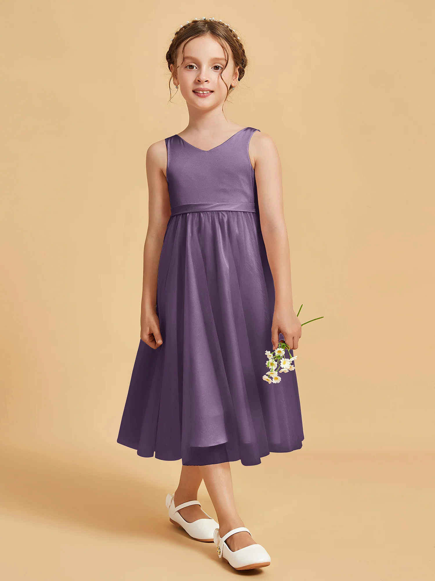 Sleeveless V-Neck Girl's Dress Plum