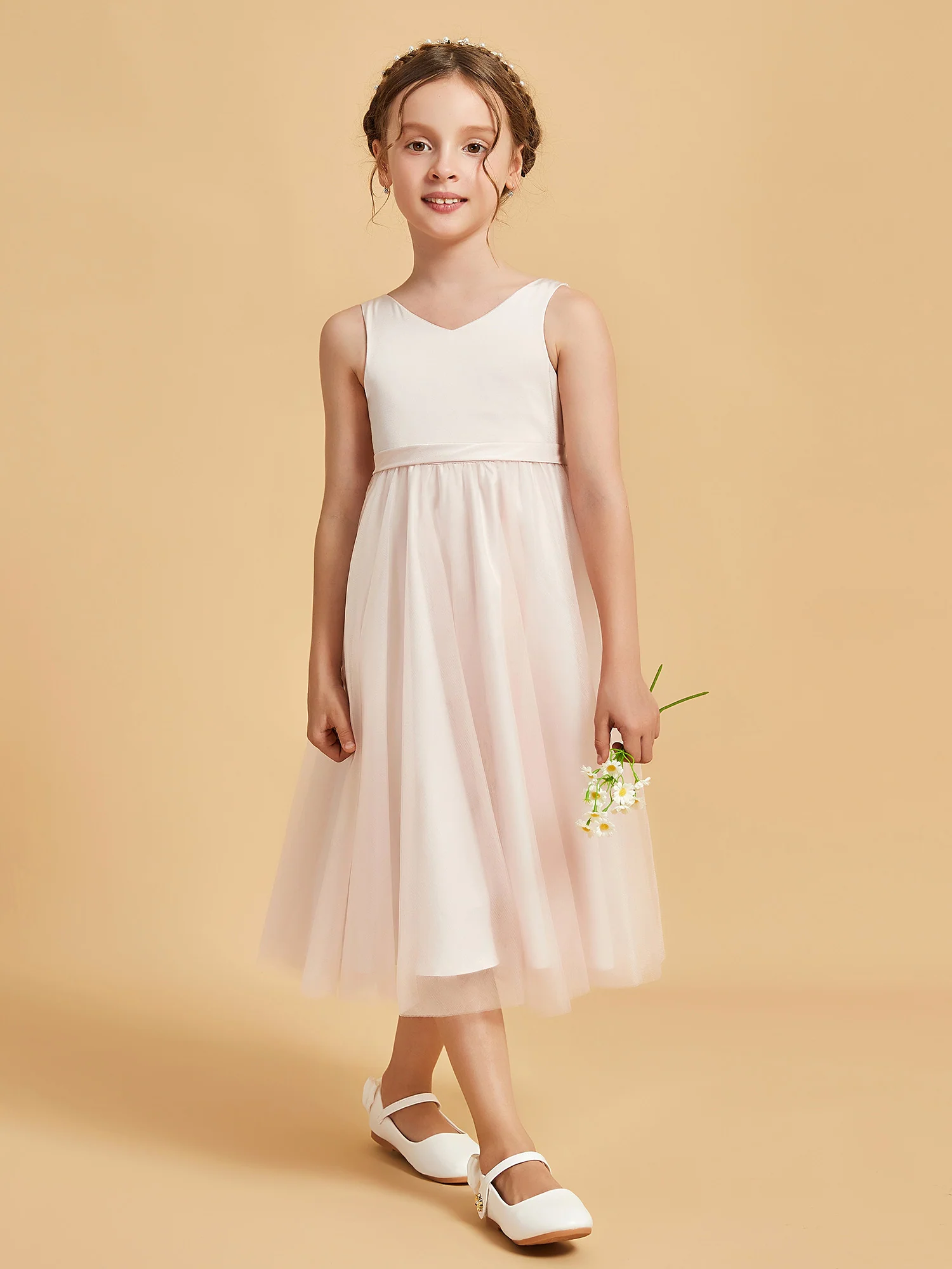 Sleeveless V-Neck Girl's Dress Rose Petal