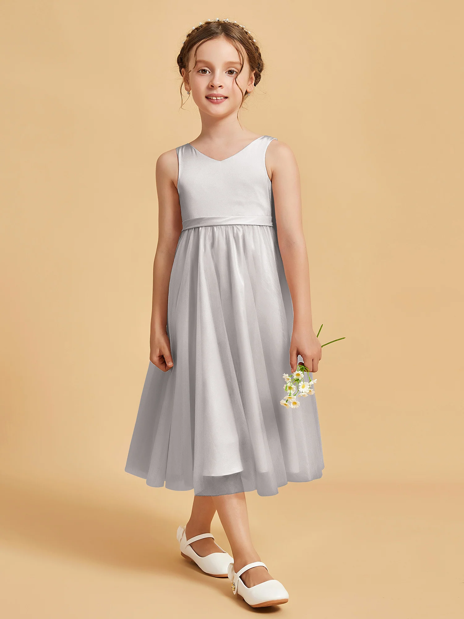 Sleeveless V-Neck Girl's Dress Silver