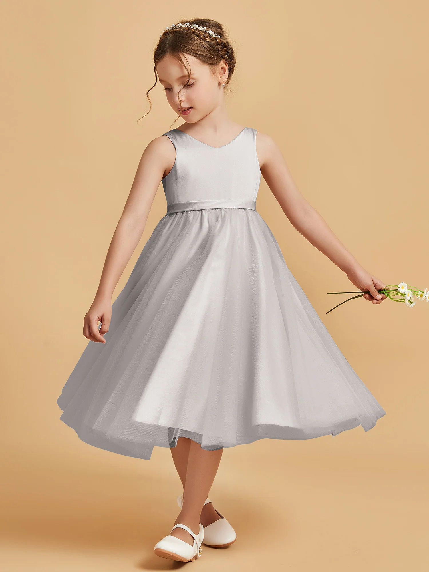 Sleeveless V-Neck Girl's Dress Silver - Image 3