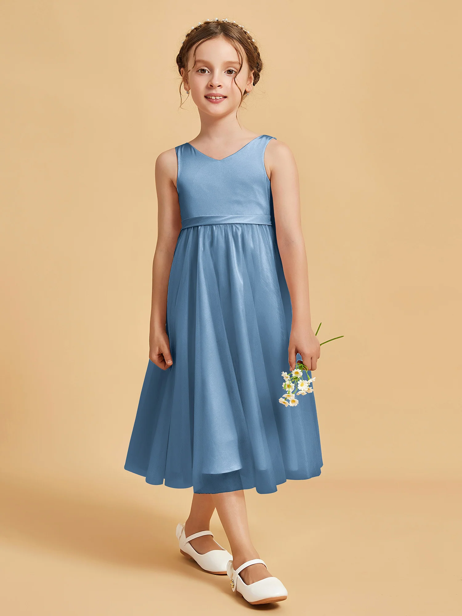 Sleeveless V-Neck Girl's Dress Slate Blue