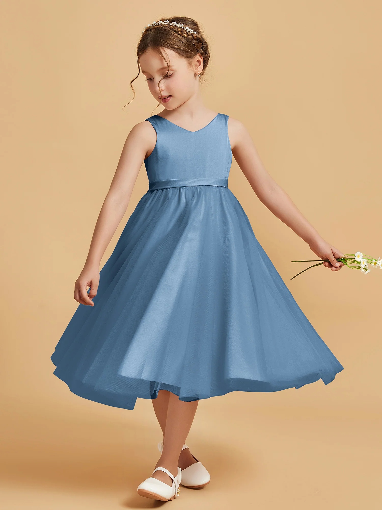 Sleeveless V-Neck Girl's Dress Slate Blue - Image 3
