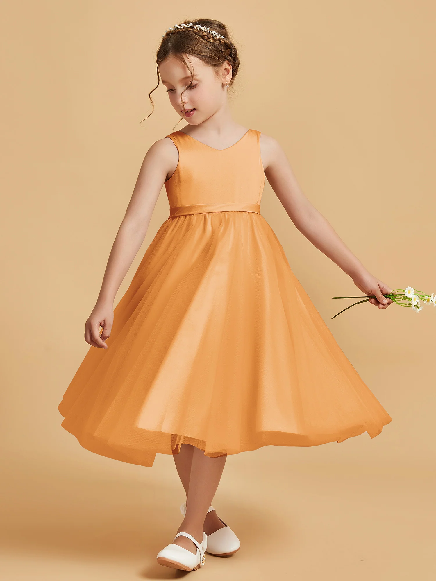 Sleeveless V-Neck Girl's Dress Tangerine - Image 3