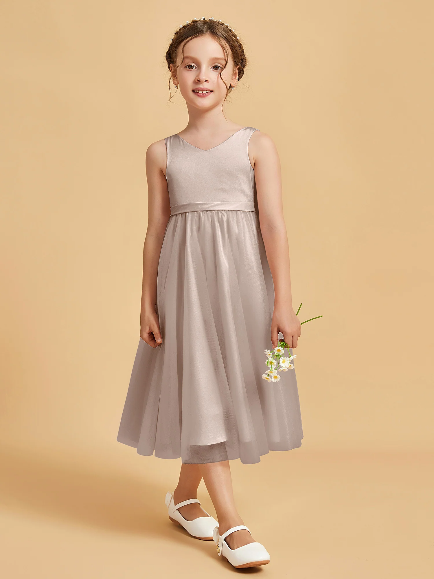 Sleeveless V-Neck Girl's Dress Taupe