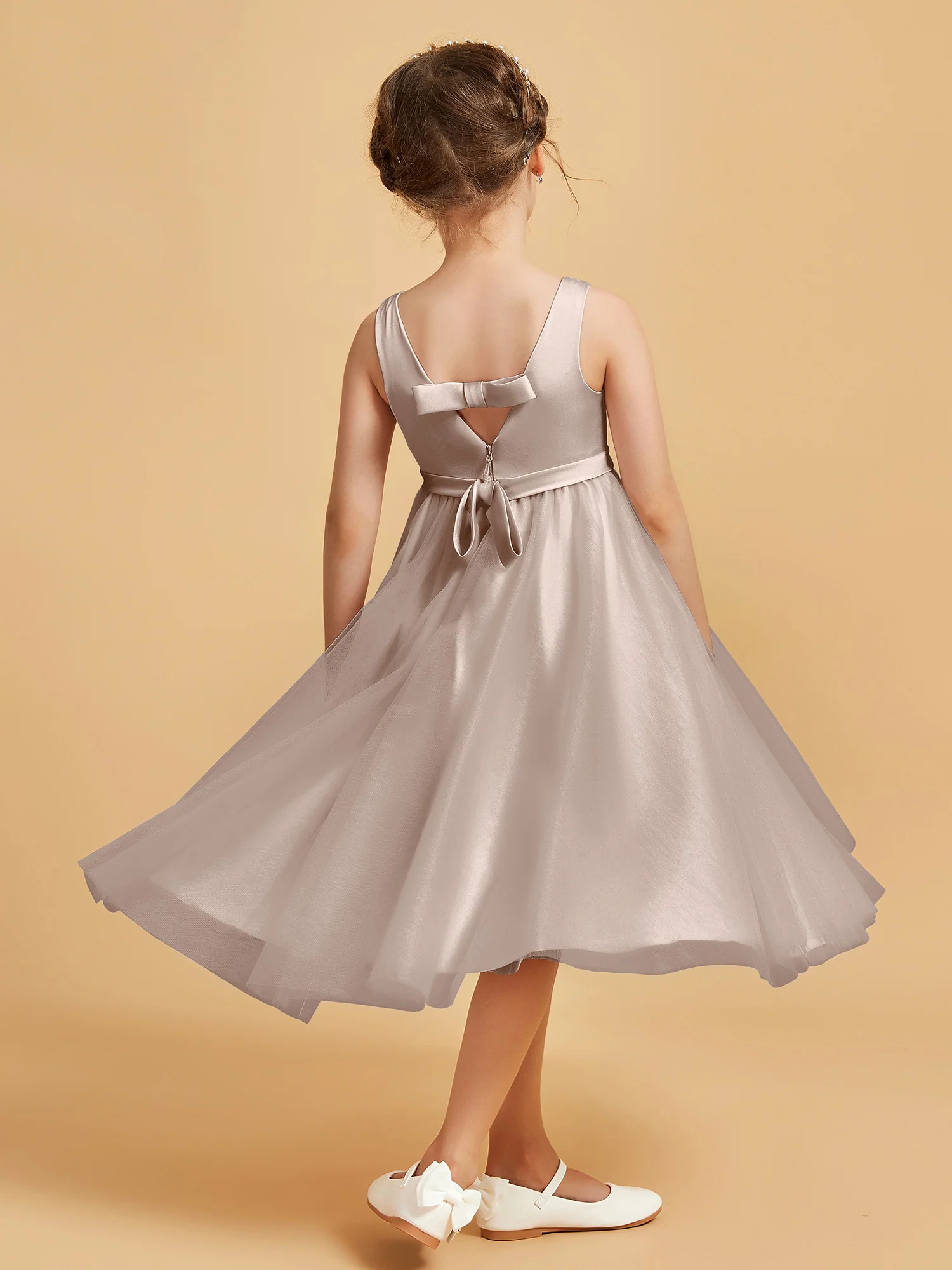 Sleeveless V-Neck Girl's Dress Taupe - Image 2