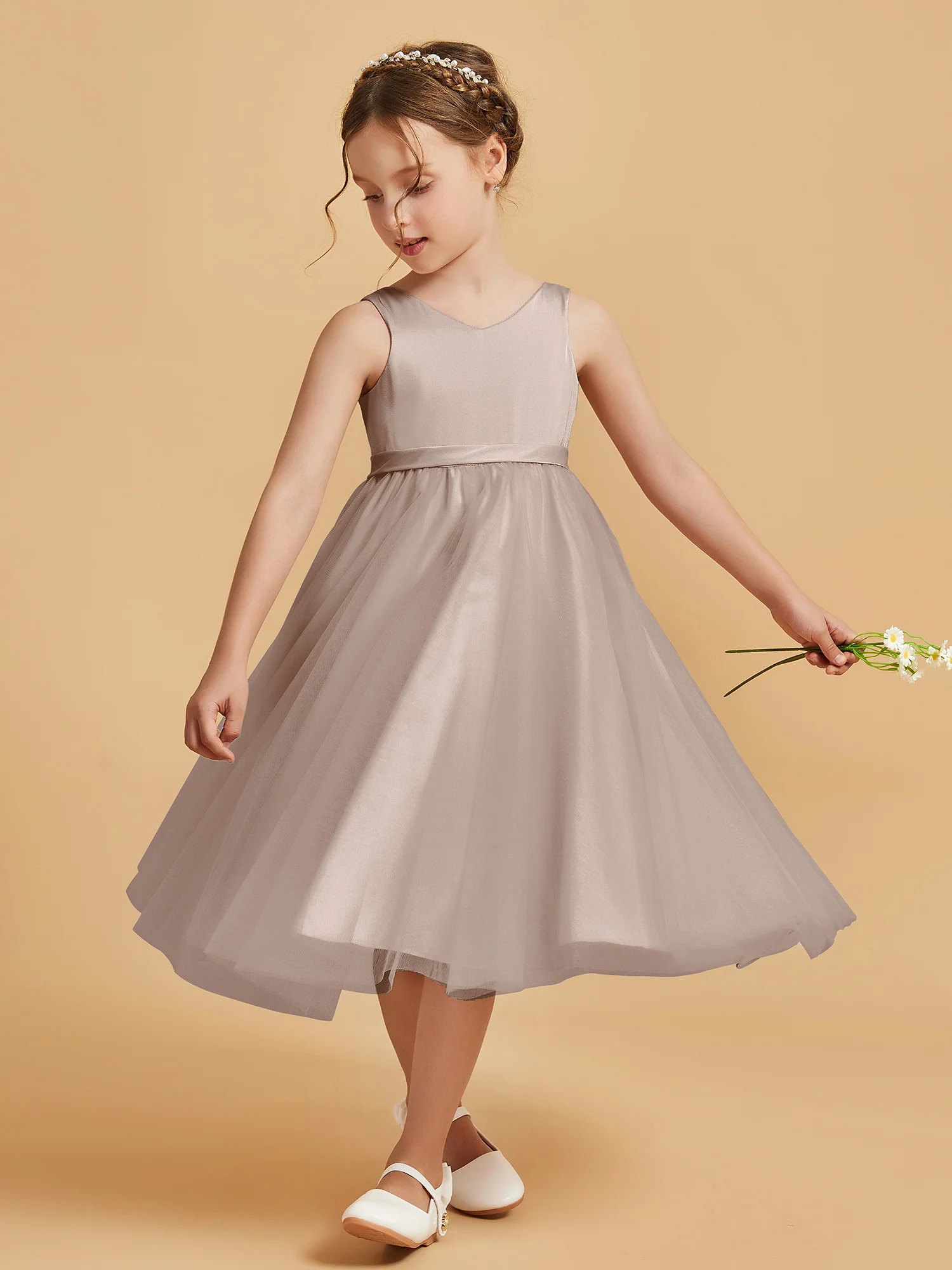 Sleeveless V-Neck Girl's Dress Taupe - Image 3