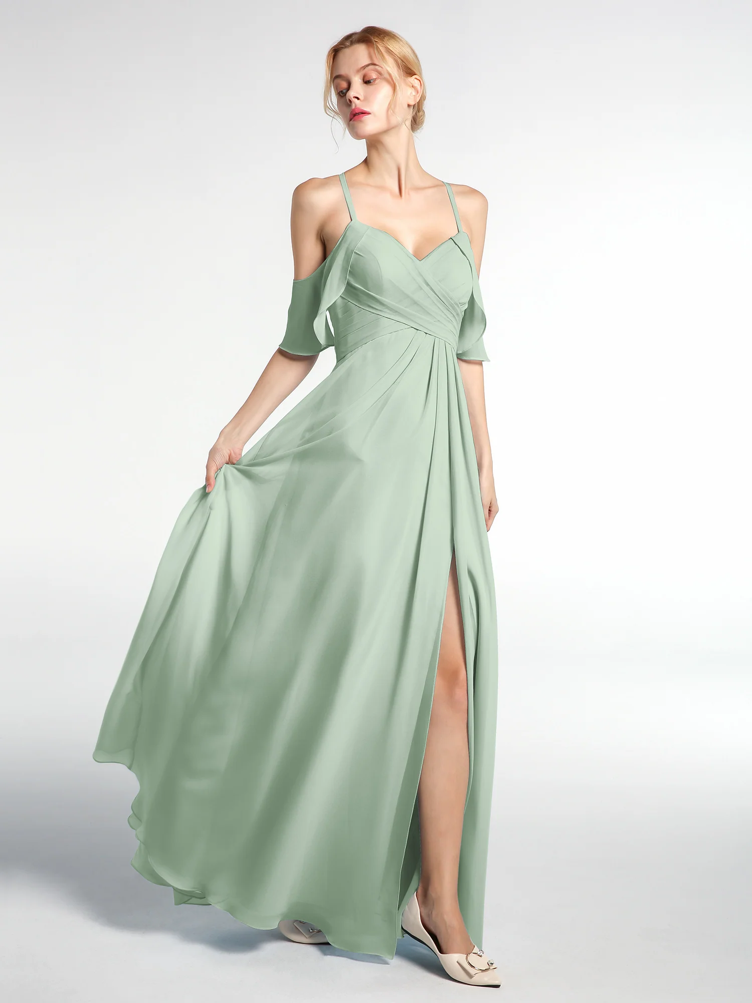 Spaghetti Strap Empire Ruffle Trimmed Sleeves Dress Agave - Image 3