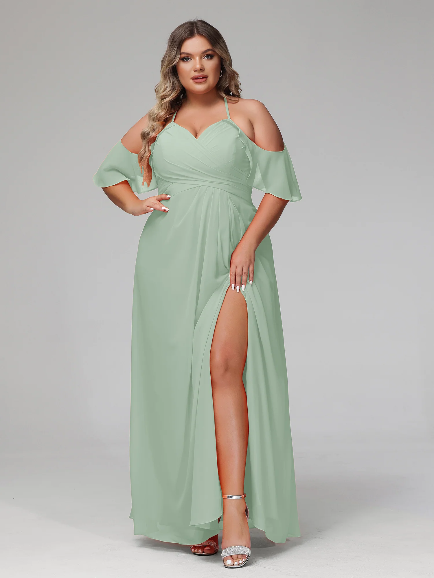 Spaghetti Strap Empire Ruffle Trimmed Sleeves Dress Agave - Image 4
