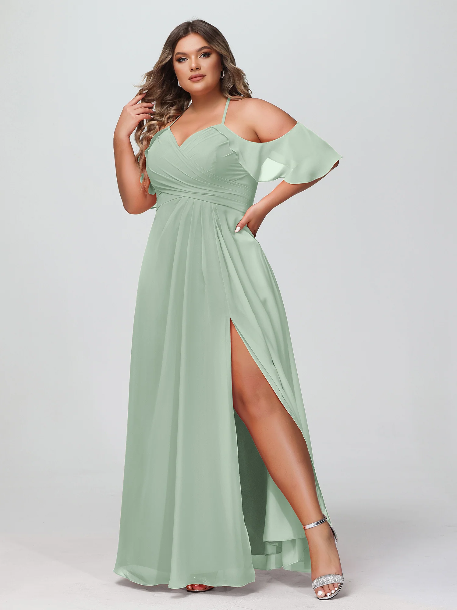 Spaghetti Strap Empire Ruffle Trimmed Sleeves Dress Agave - Image 6