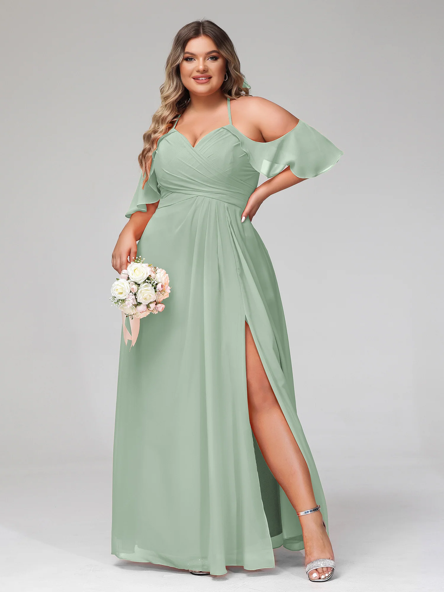 Spaghetti Strap Empire Ruffle Trimmed Sleeves Dress Agave - Image 7