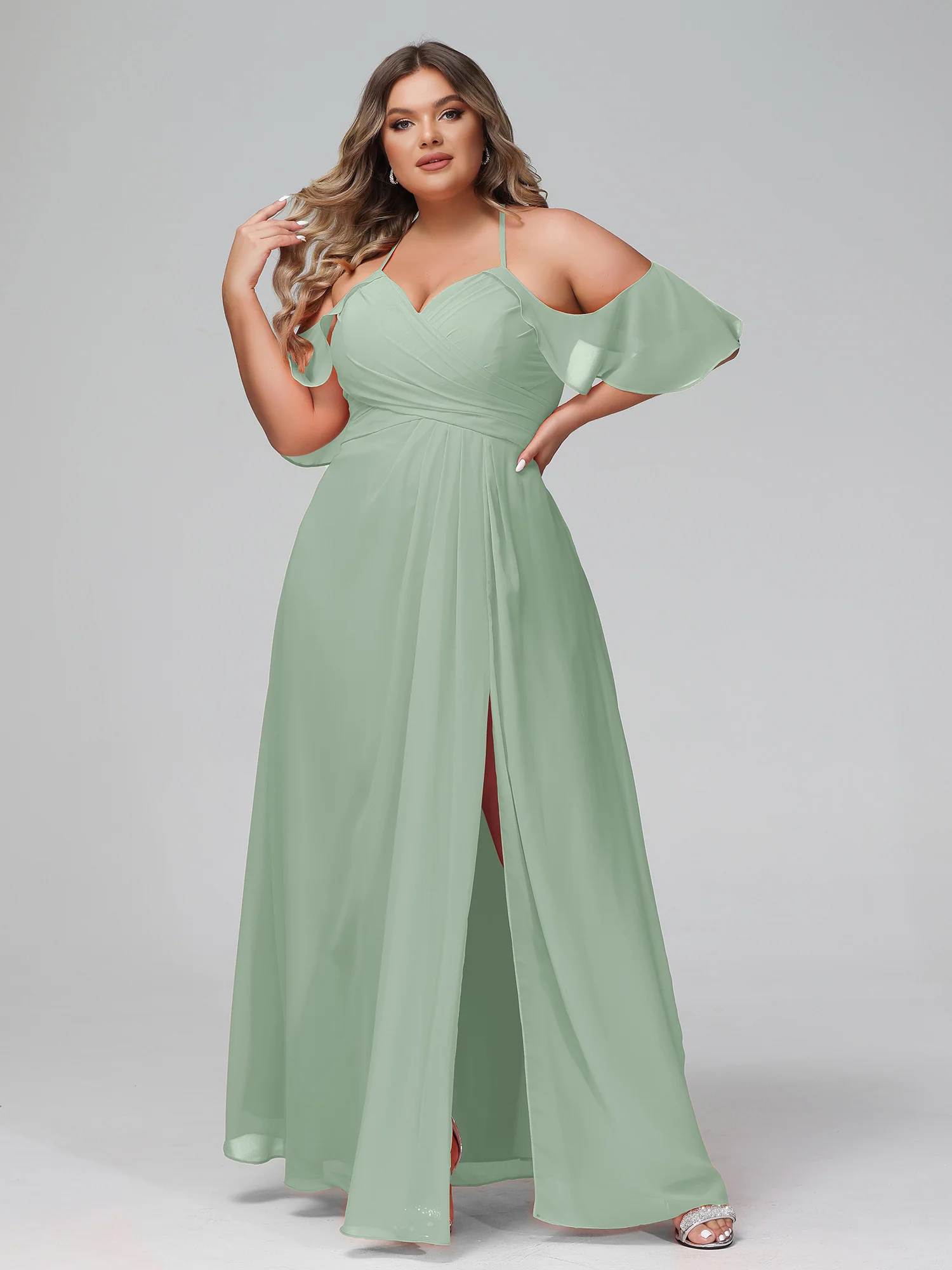 Spaghetti Strap Empire Ruffle Trimmed Sleeves Dress Agave - Image 9