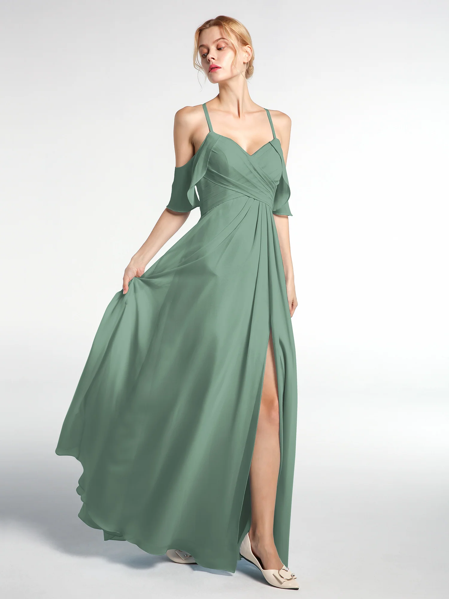 Spaghetti Strap Empire Ruffle Trimmed Sleeves Dress Eucalyptus - Image 3
