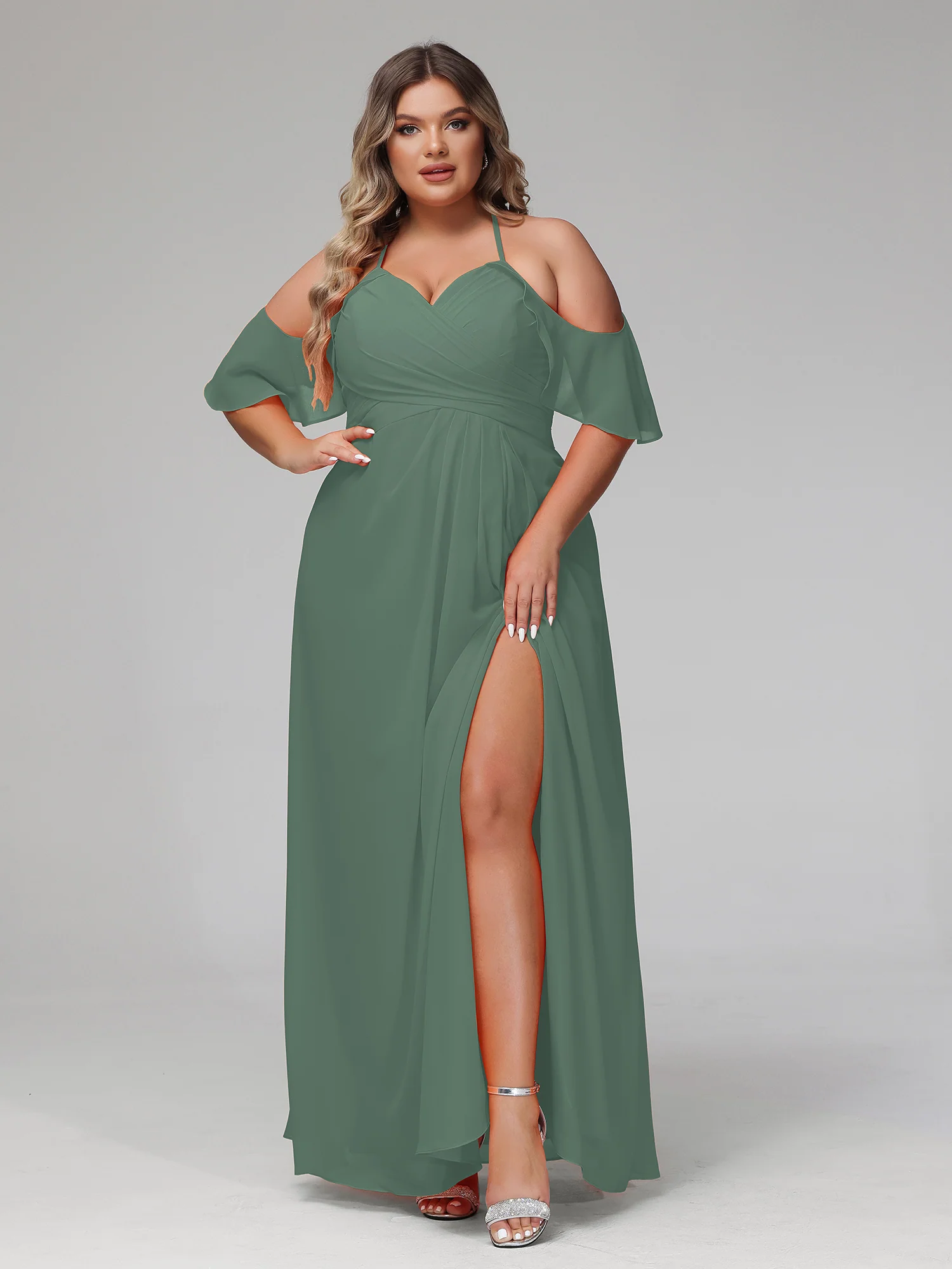 Spaghetti Strap Empire Ruffle Trimmed Sleeves Dress Eucalyptus - Image 4