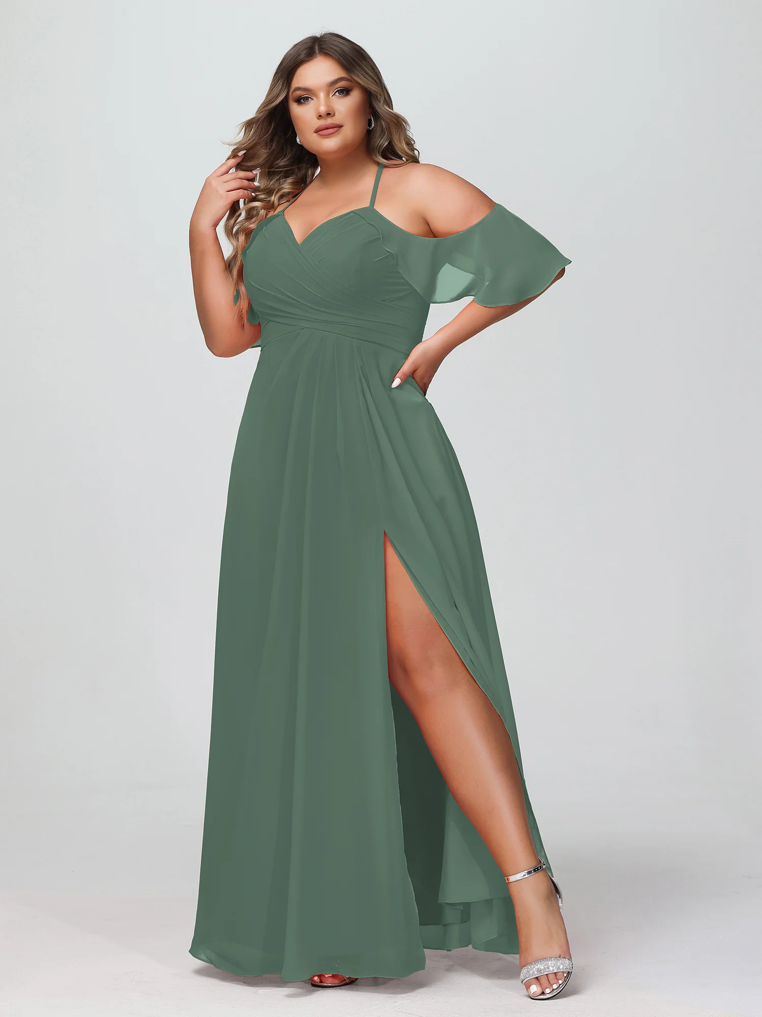 Spaghetti Strap Empire Ruffle Trimmed Sleeves Dress Eucalyptus - Image 6