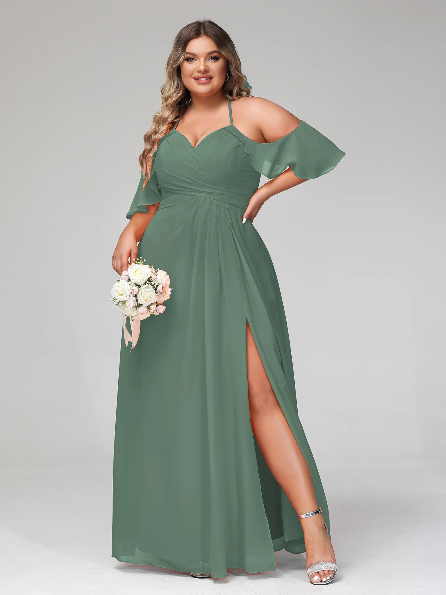 Spaghetti Strap Empire Ruffle Trimmed Sleeves Dress Eucalyptus - Image 7