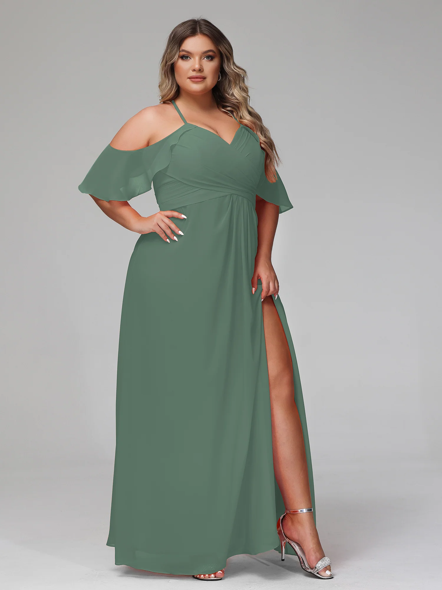Spaghetti Strap Empire Ruffle Trimmed Sleeves Dress Eucalyptus - Image 8