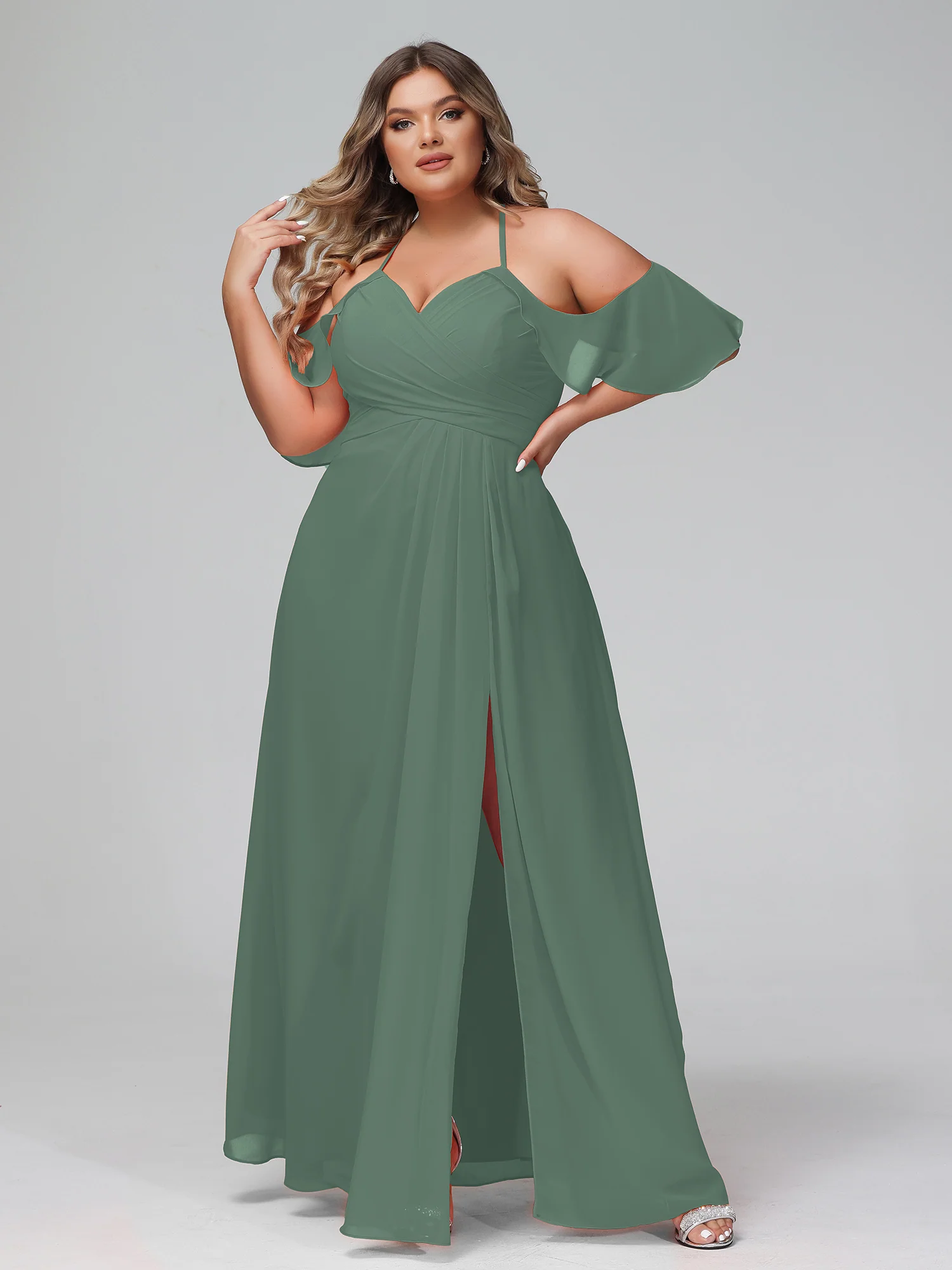 Spaghetti Strap Empire Ruffle Trimmed Sleeves Dress Eucalyptus - Image 9