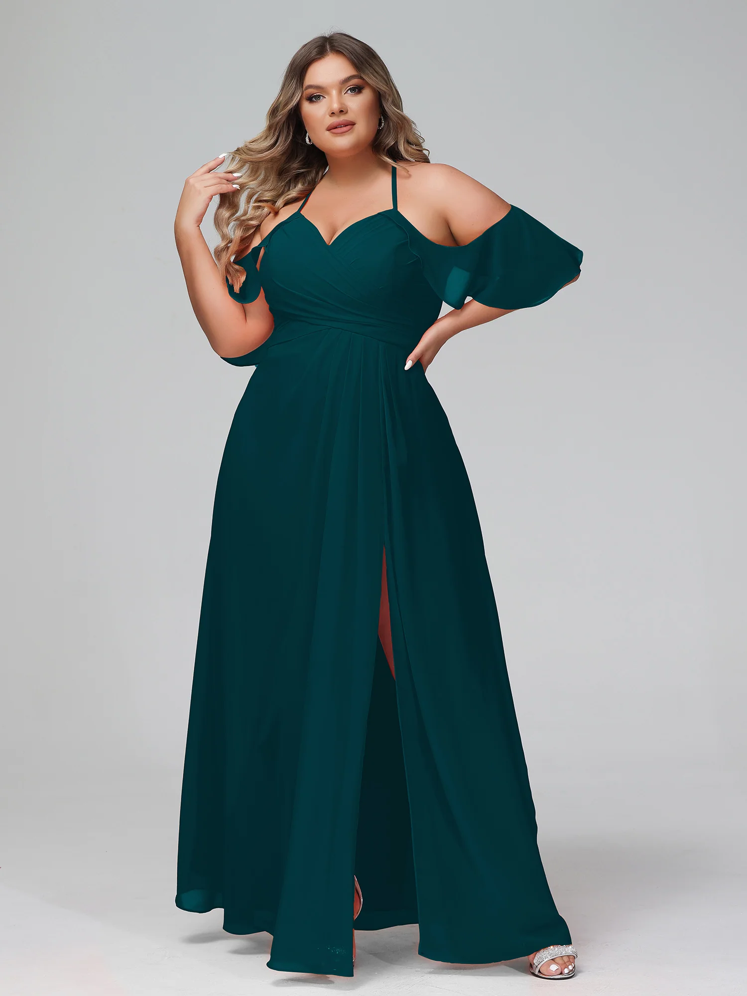 Spaghetti Strap Empire Ruffle Trimmed Sleeves Dress Pine - Image 9