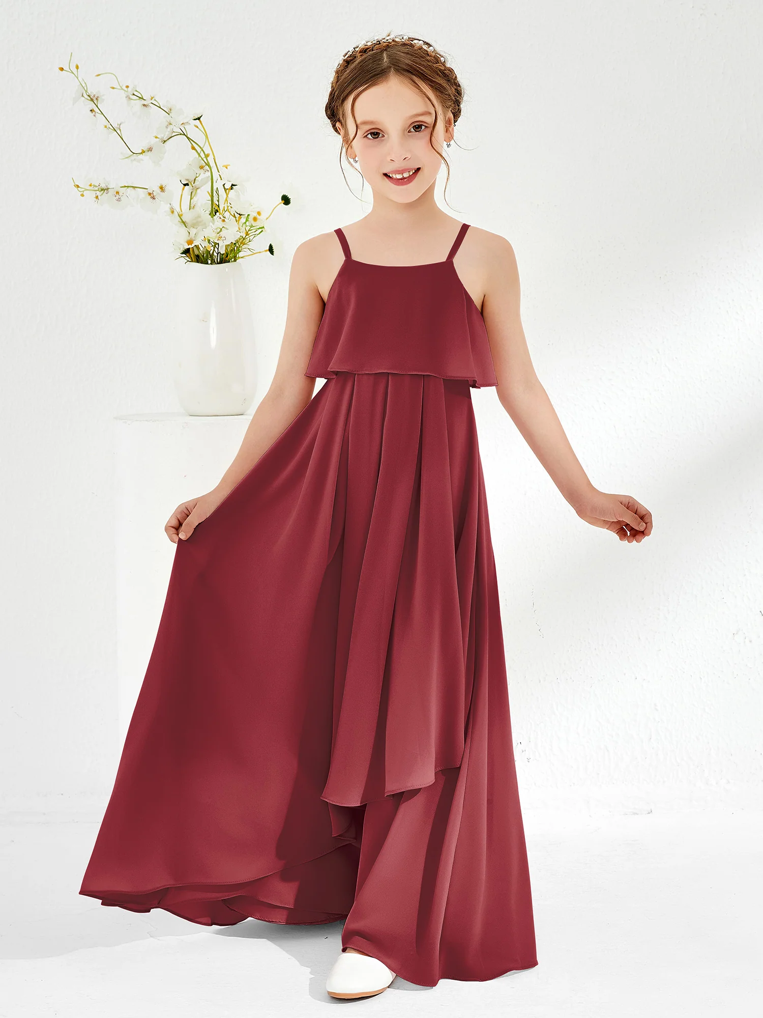 Spaghetti Strap Junior Bridesmaid Dress With Cascade Skirt Cinnamon Rose