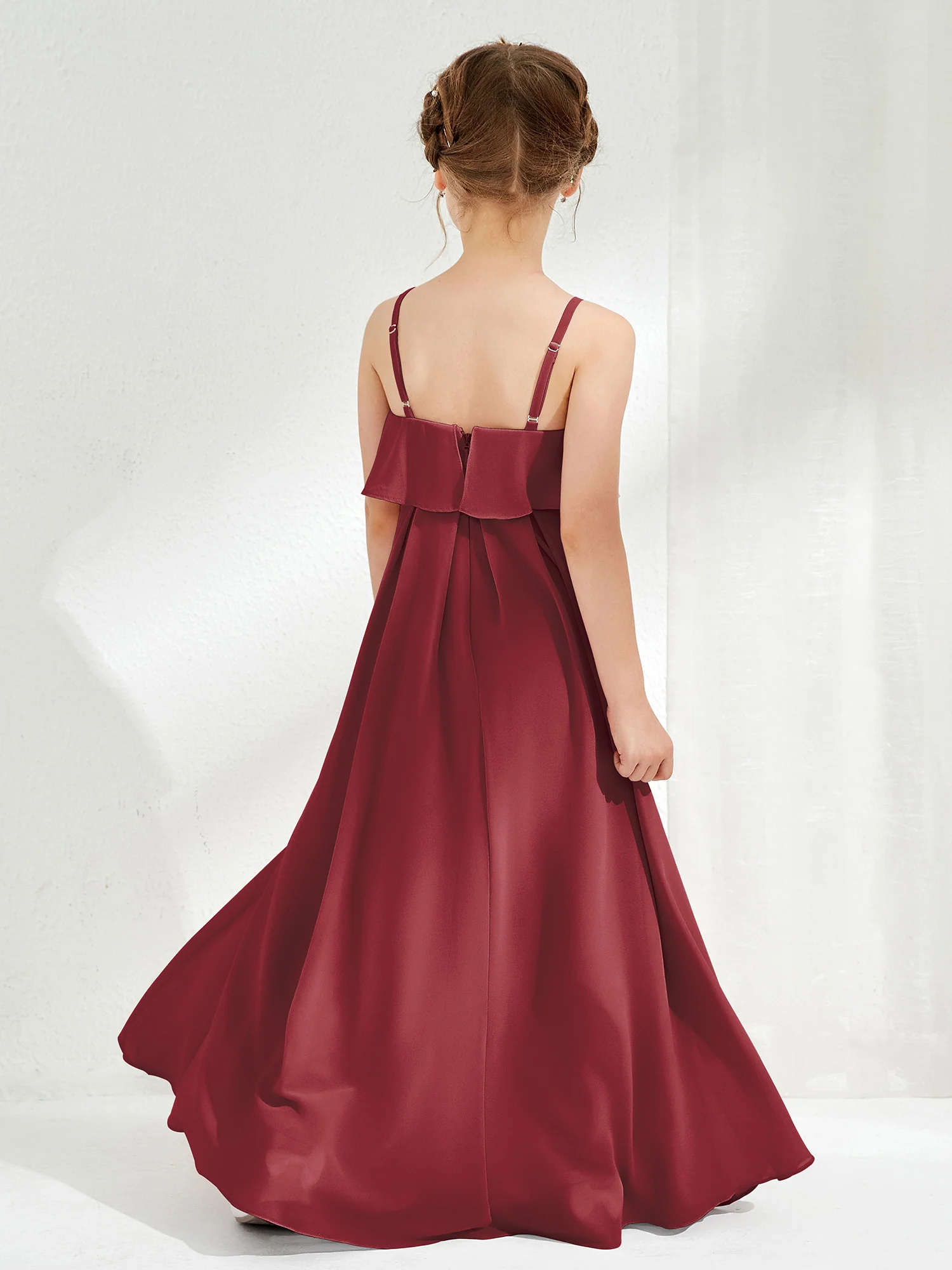 Spaghetti Strap Junior Bridesmaid Dress With Cascade Skirt Cinnamon Rose - Image 2
