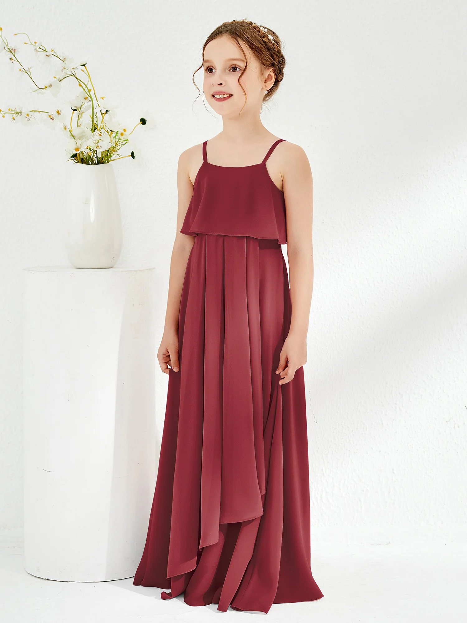 Spaghetti Strap Junior Bridesmaid Dress With Cascade Skirt Cinnamon Rose - Image 3