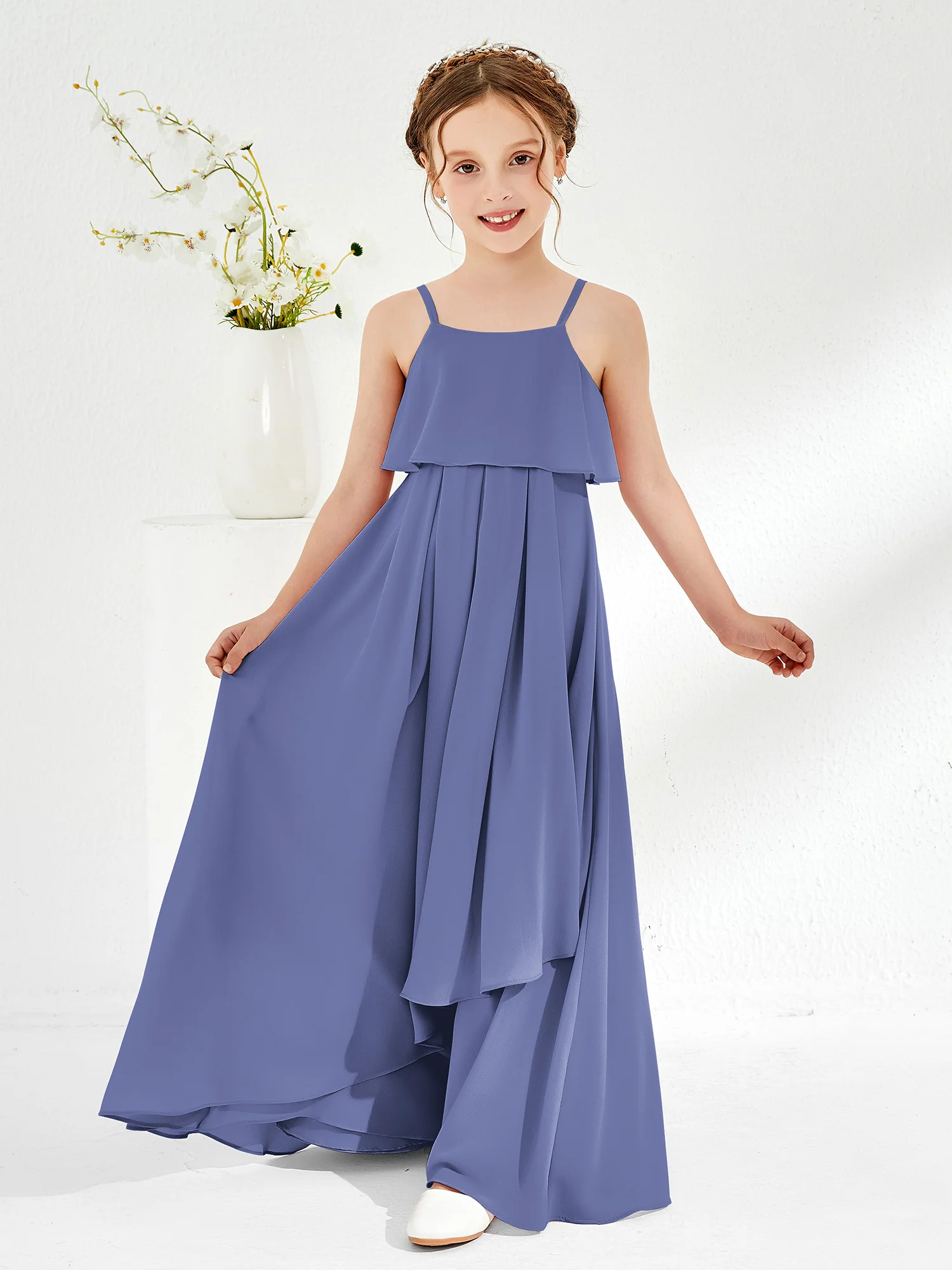 Spaghetti Strap Junior Bridesmaid Dress With Cascade Skirt Periwinkle