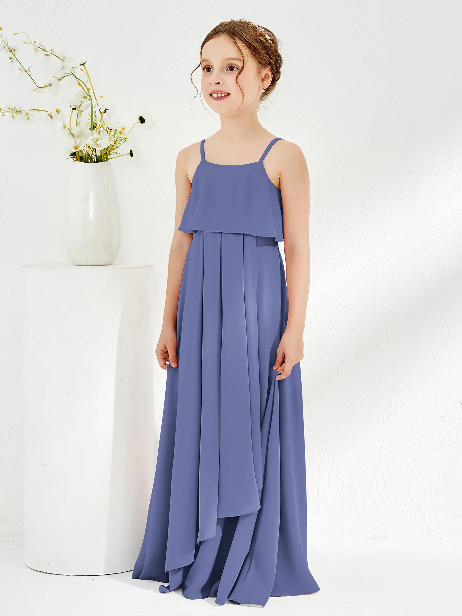Spaghetti Strap Junior Bridesmaid Dress With Cascade Skirt Periwinkle - Image 3