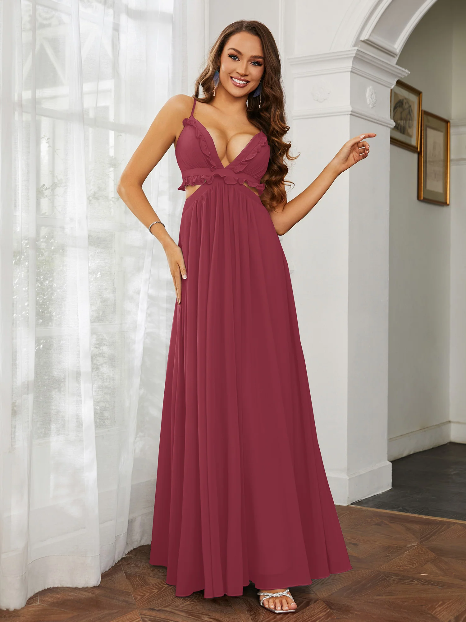 Spaghetti Strap Ruffled Chiffon Cutout Maxi Sexy Dress Cinnamon Rose