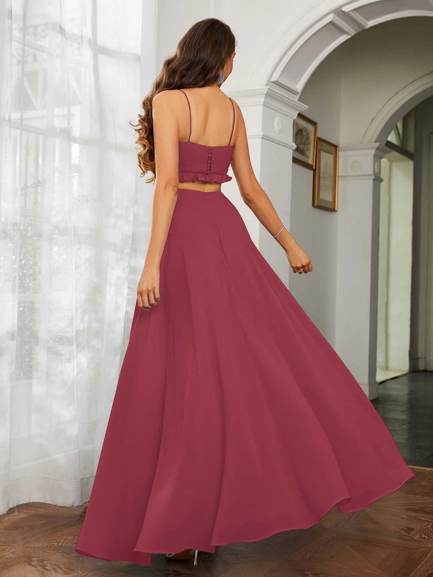 Spaghetti Strap Ruffled Chiffon Cutout Maxi Sexy Dress Cinnamon Rose - Image 2