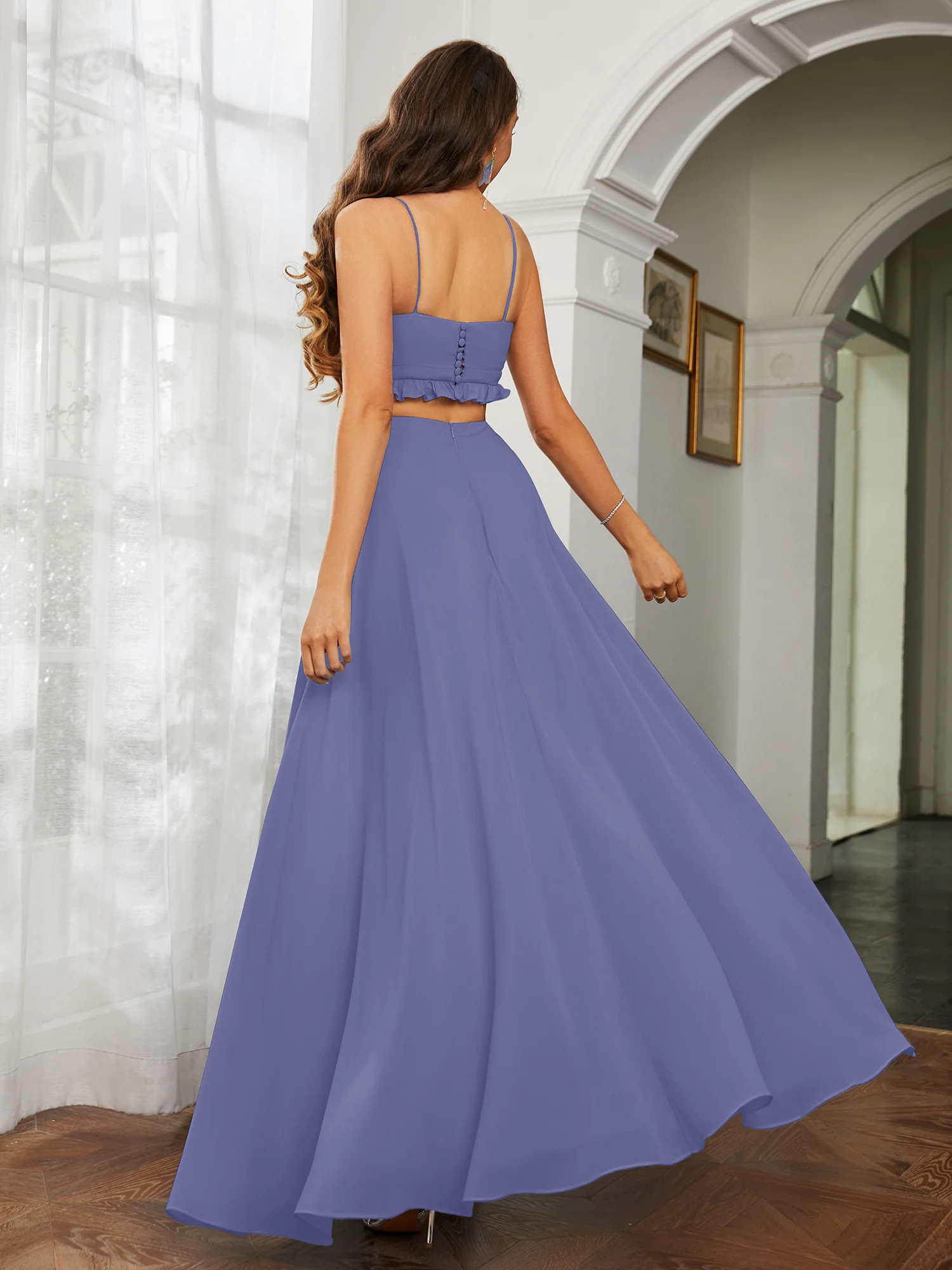 Spaghetti Strap Ruffled Chiffon Cutout Maxi Sexy Dress Periwinkle Plus Size - Image 2