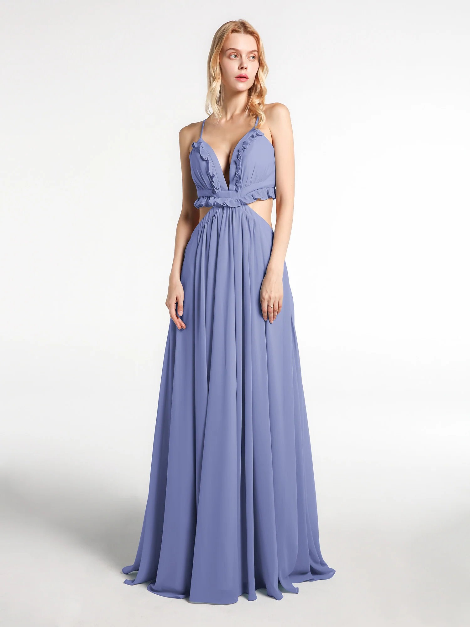Spaghetti Strap Ruffled Chiffon Cutout Maxi Sexy Dress Periwinkle Plus Size - Image 4
