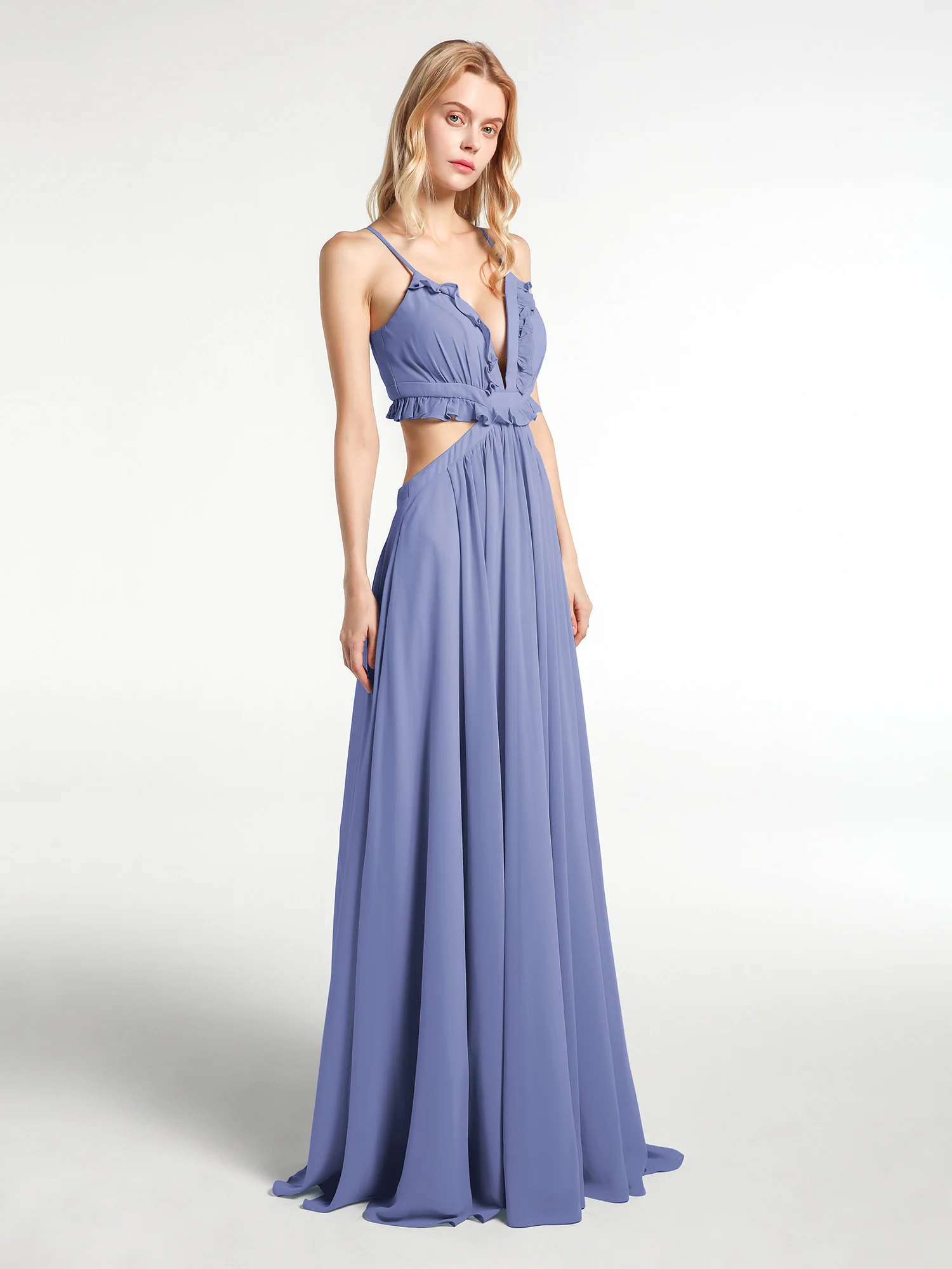 Spaghetti Strap Ruffled Chiffon Cutout Maxi Sexy Dress Periwinkle Plus Size - Image 6