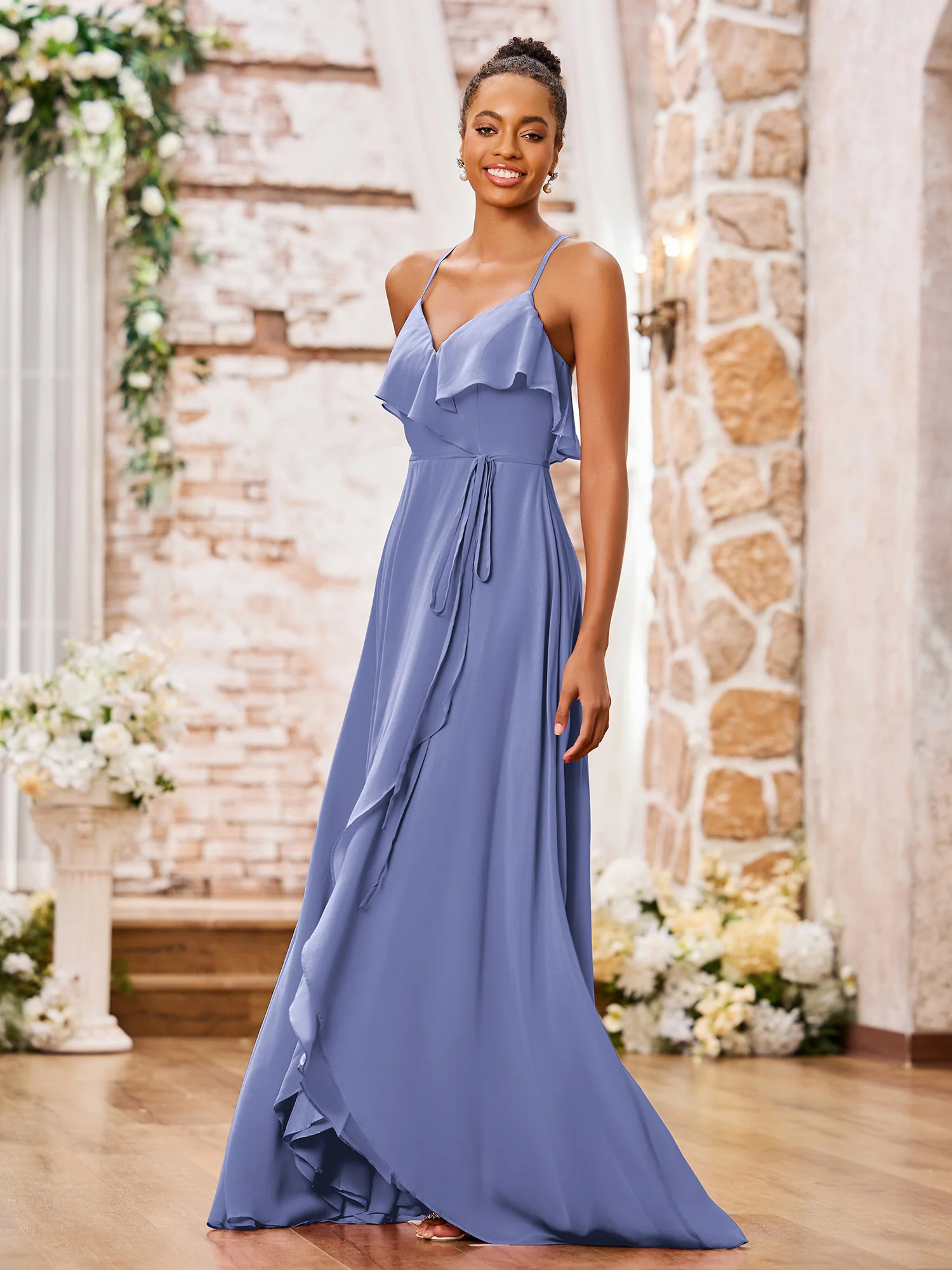Spaghetti Strap Short Front Long Back Chiffon Dresses Periwinkle