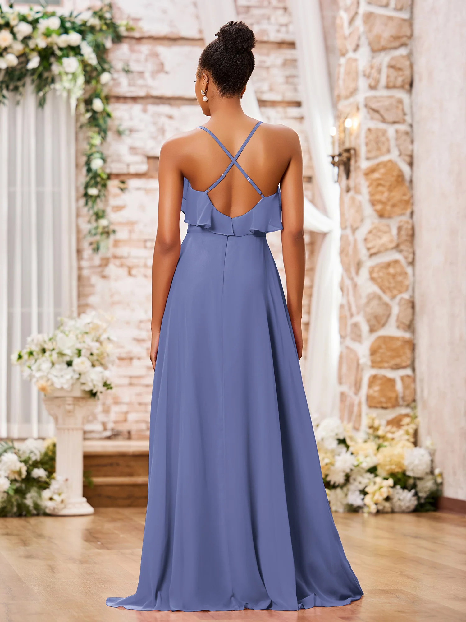 Spaghetti Strap Short Front Long Back Chiffon Dresses Periwinkle - Image 2