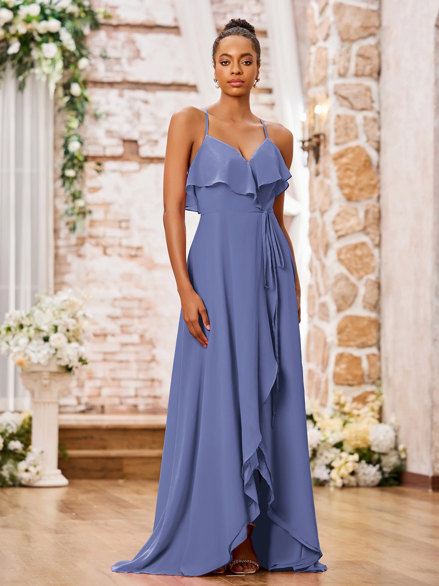 Spaghetti Strap Short Front Long Back Chiffon Dresses Periwinkle - Image 3