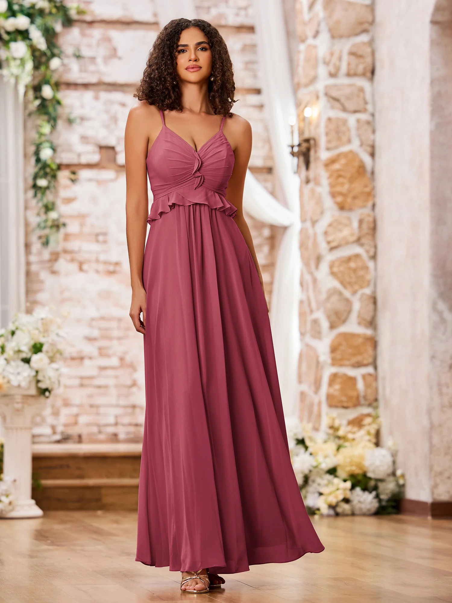 Spaghetti Straps A-line Chiffon Gowns with Ruffles Waist Cinnamon Rose