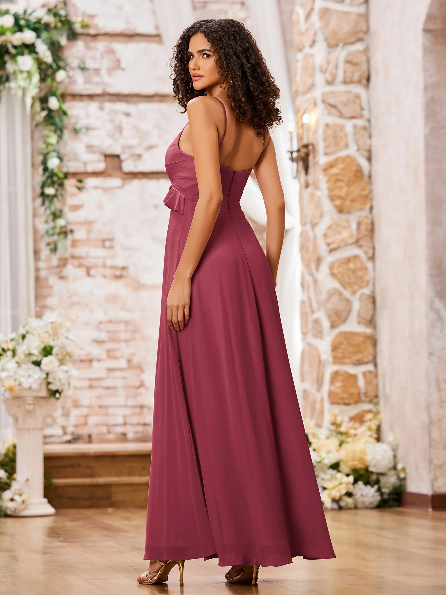 Spaghetti Straps A-line Chiffon Gowns with Ruffles Waist Cinnamon Rose - Image 2