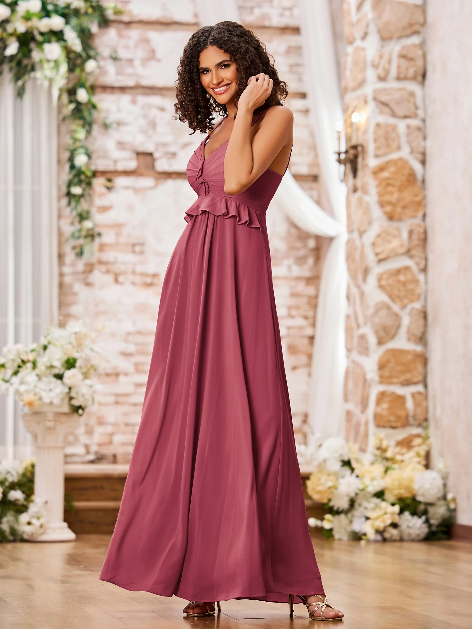 Spaghetti Straps A-line Chiffon Gowns with Ruffles Waist Cinnamon Rose - Image 3