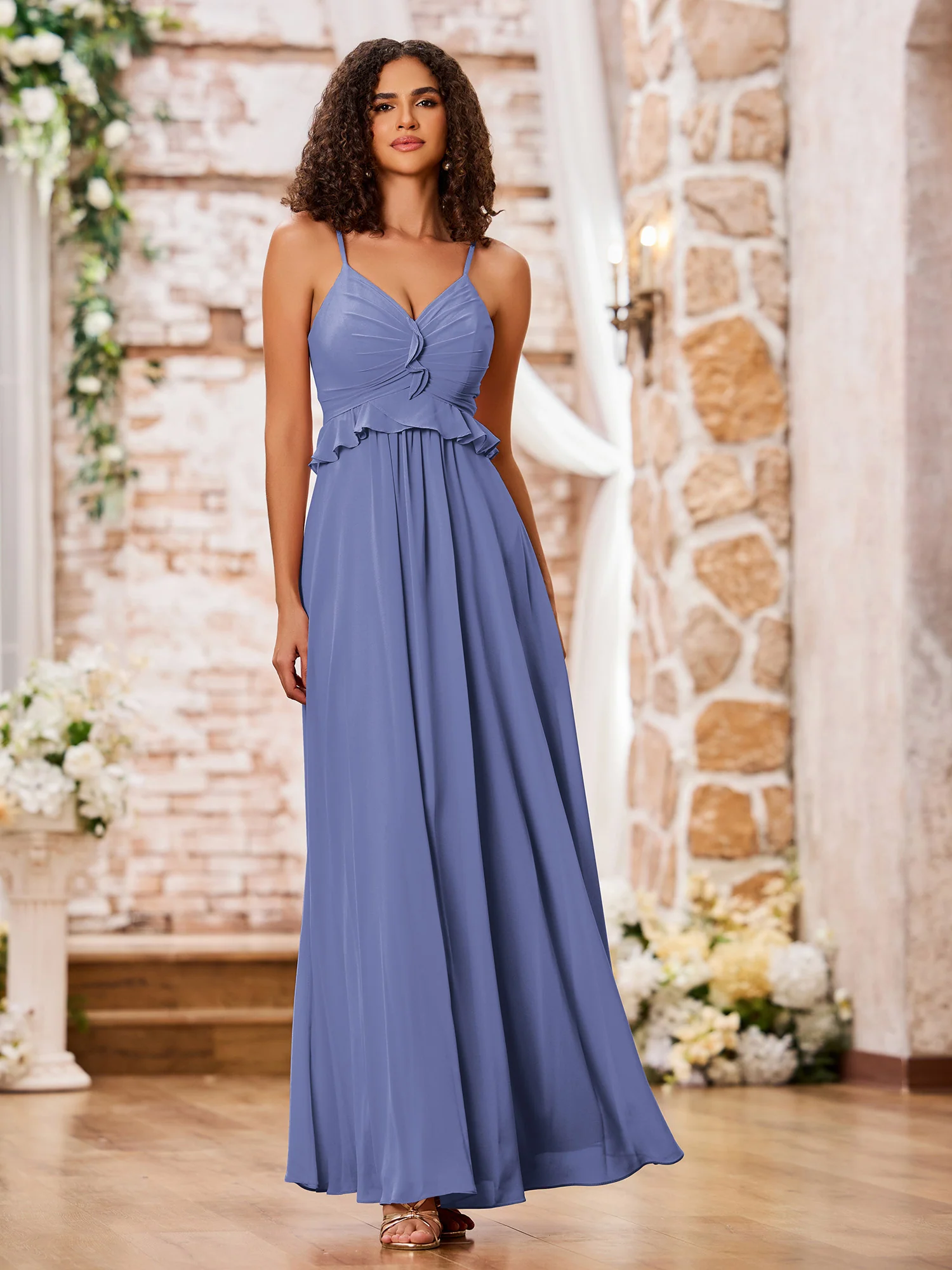 Spaghetti Straps A-line Chiffon Gowns with Ruffles Waist Periwinkle