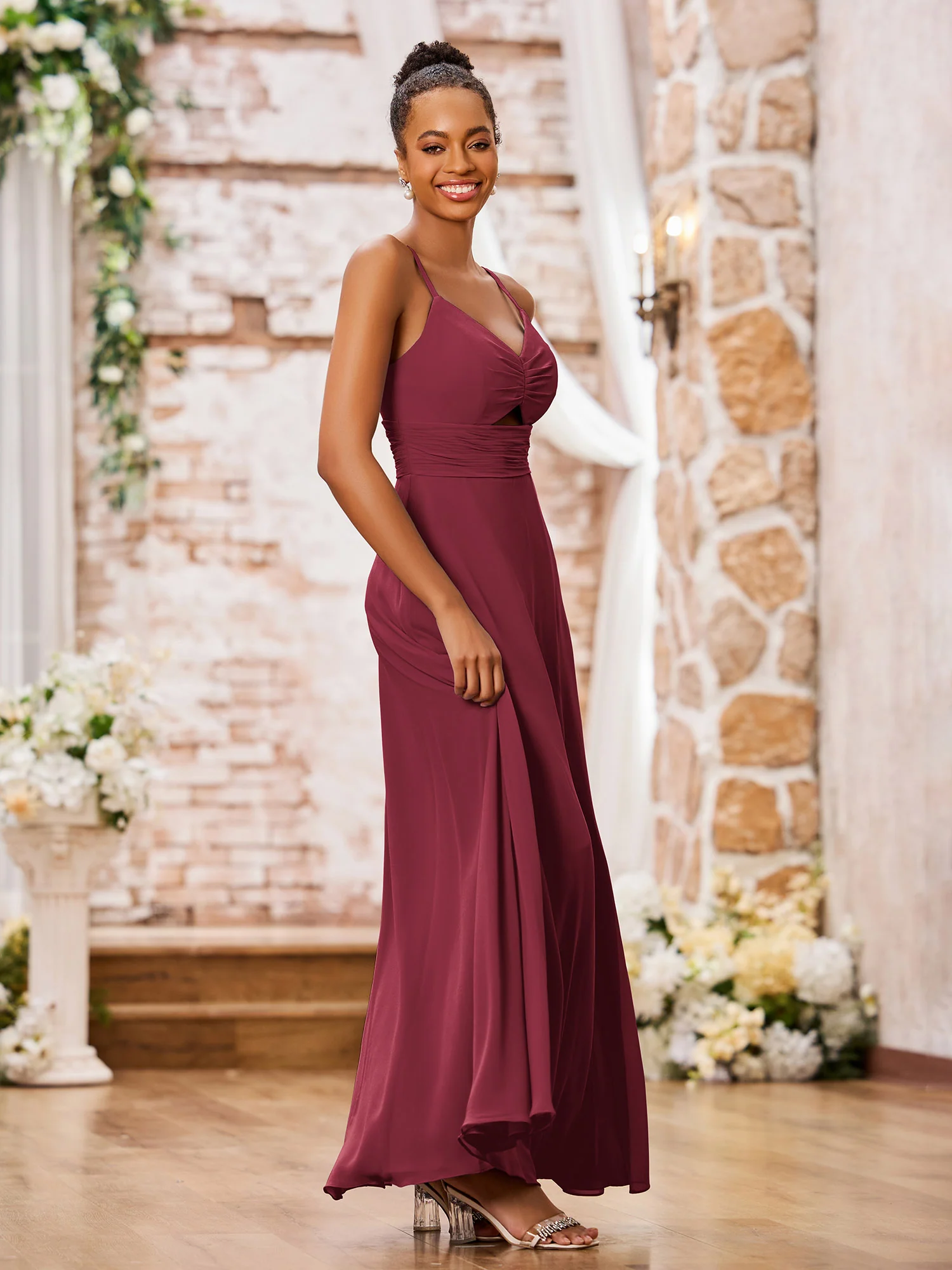 Spaghetti Straps A-line Maxi Bridesmaid Dresses with Slit Cinnamon Rose - Image 3