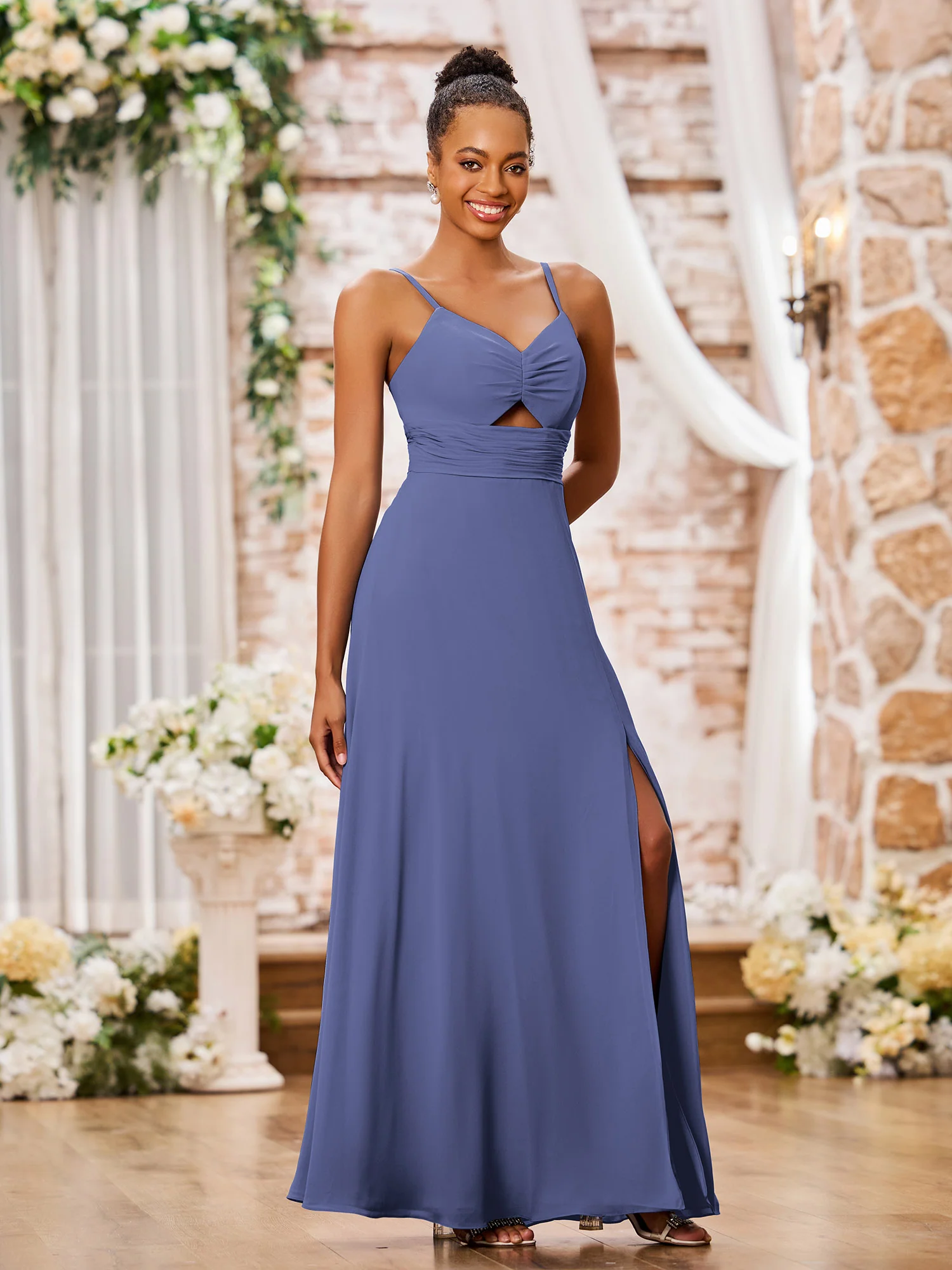 Spaghetti Straps A-line Maxi Bridesmaid Dresses with Slit Periwinkle