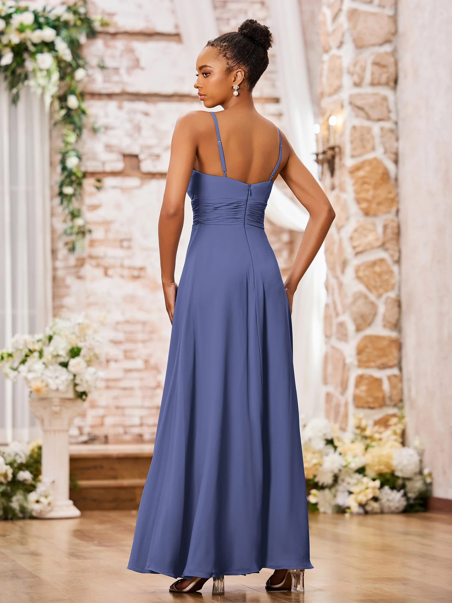Spaghetti Straps A-line Maxi Bridesmaid Dresses with Slit Periwinkle - Image 2